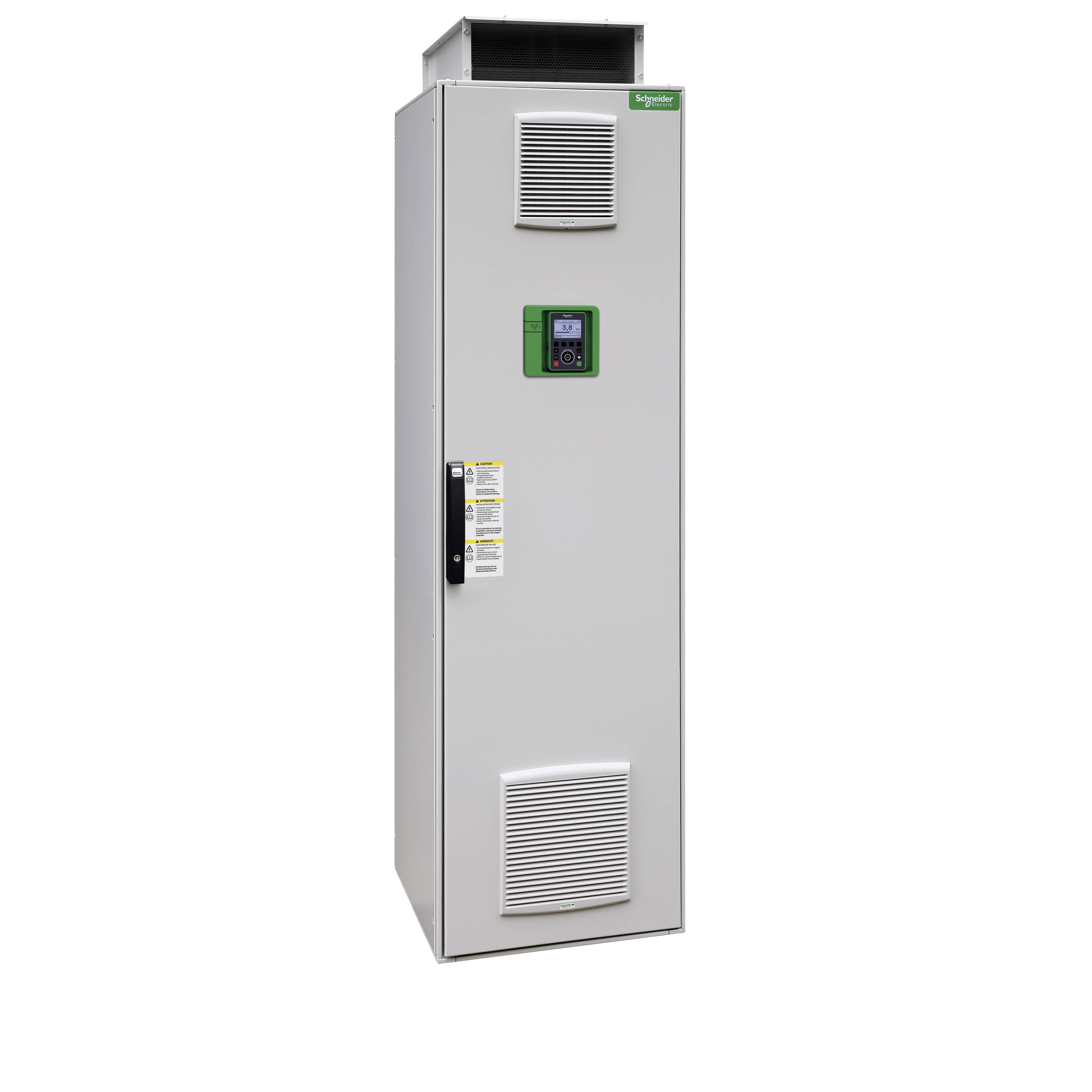 Ein großer, grauer Schaltschrank mit Lüftungsgittern und einem grünen elektronischen Bedienfeld, stehend aufrecht.
