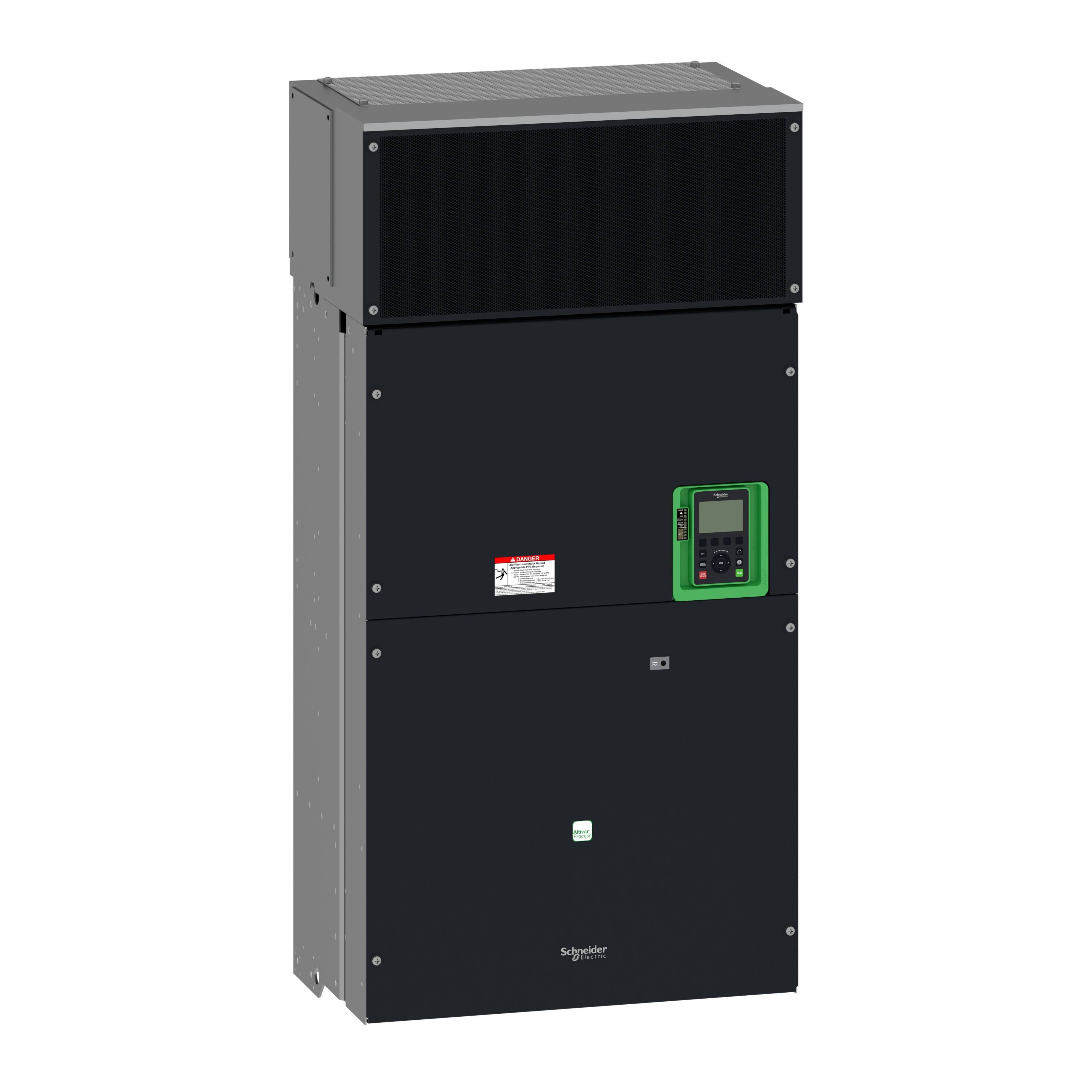 Schwarzes Wandgerät mit grünem Display und mehreren Knöpfen, verwendet zur Energieverteilung und -steuerung von Schneider Electric.