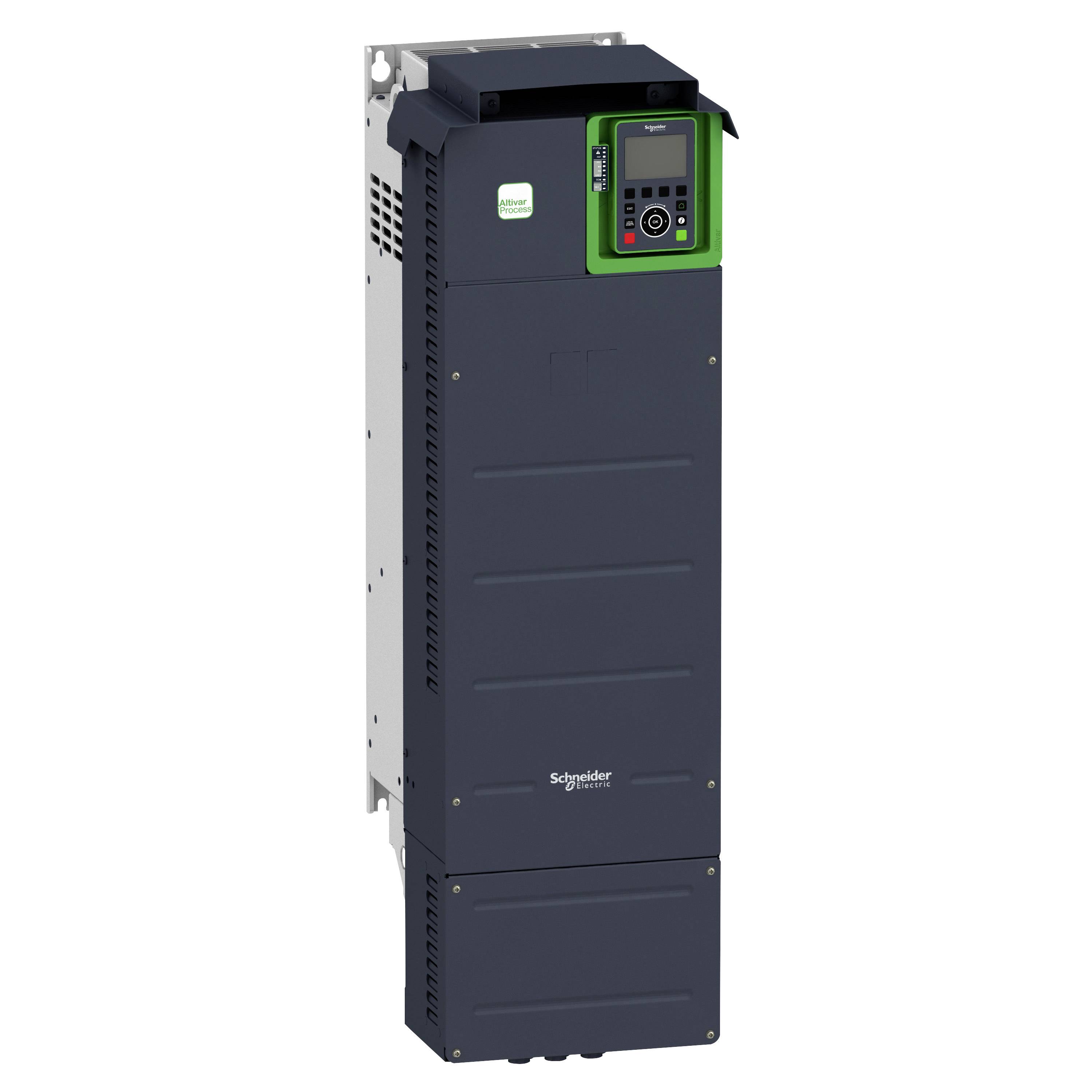 'Schneider Electric Frequenzumrichter ATV630' für industrielle Anwendungen, vertikales Design mit digitalem Bedienfeld und grünem Display.