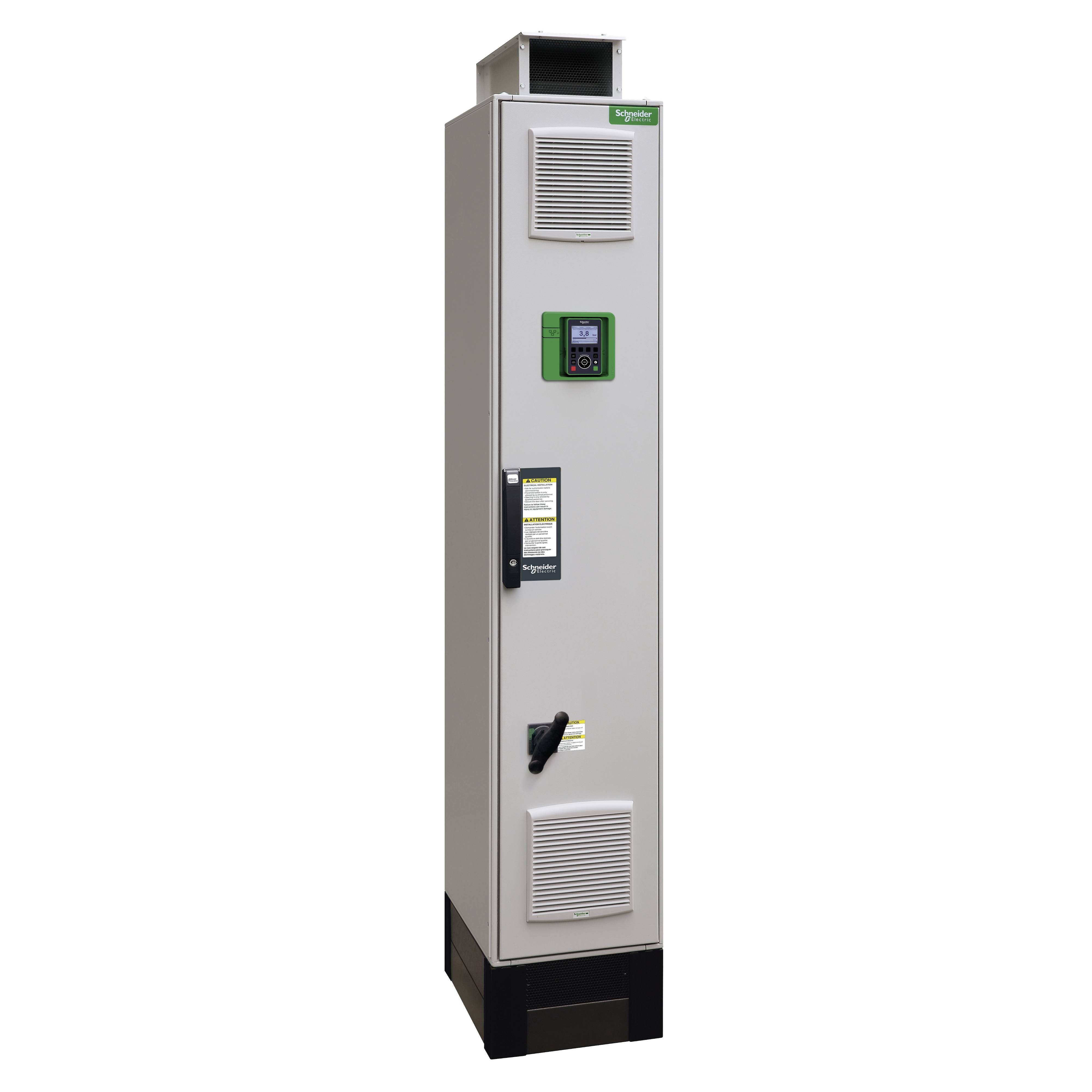 'Schneider Electric'-Geräteschrank, vertikal, grau, mit integriertem Display und Lüftungsgittern.