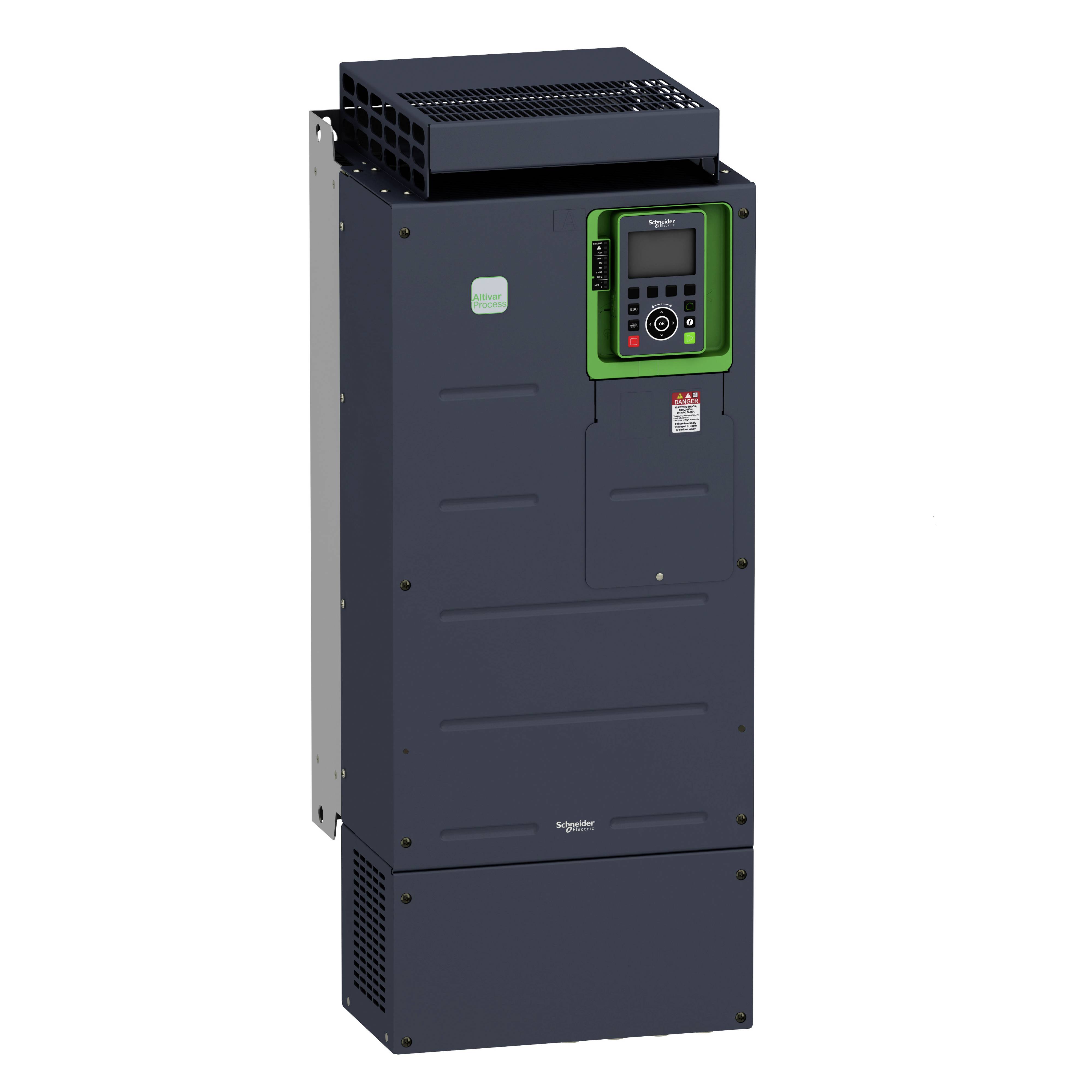 Ein großer elektronischer Schaltschrank mit Steuerpanel und digitalem Display, hergestellt von Schneider Electric.
