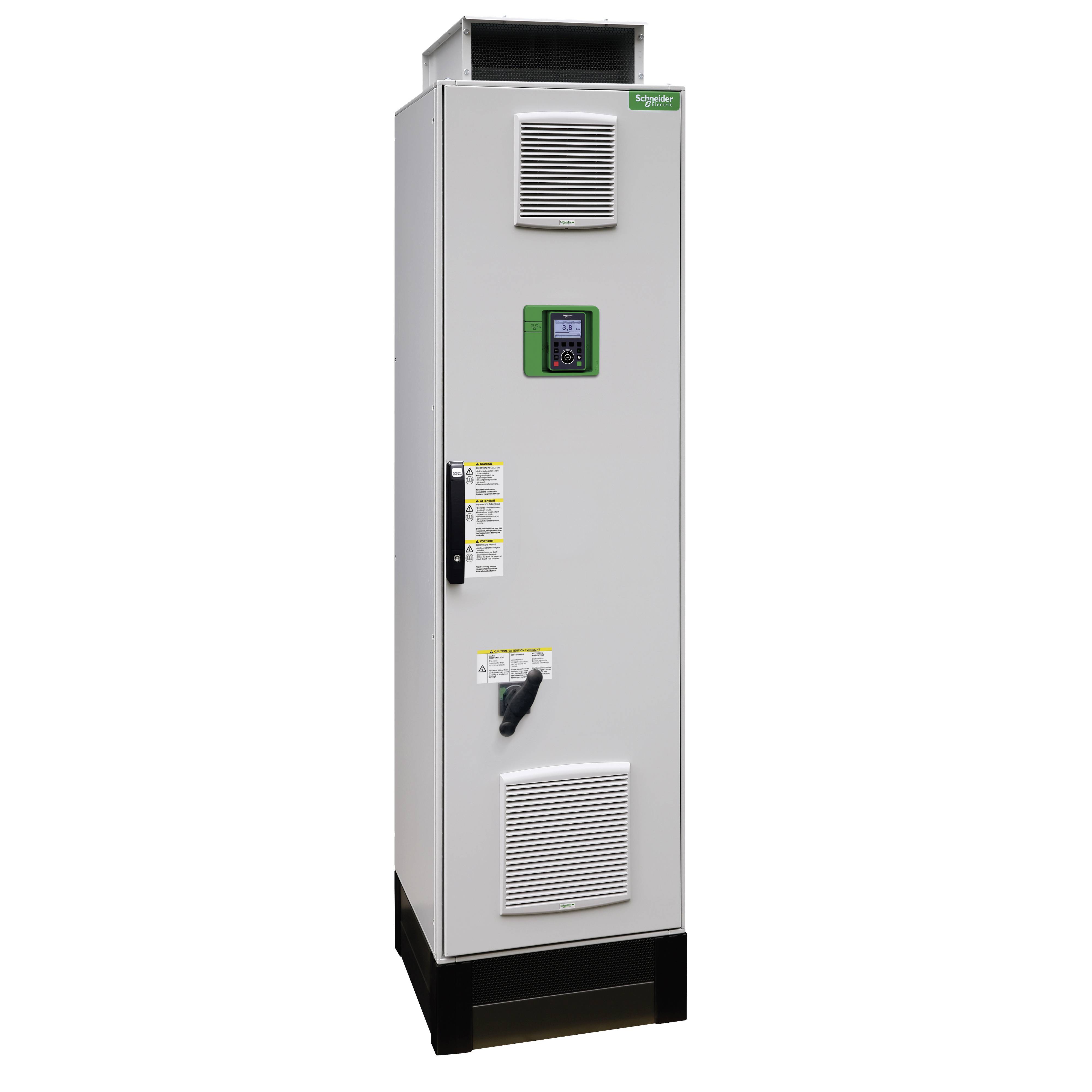 Ein grauer Schaltschrank mit einem Lüftungsgitter oben, einem grünen Display in der Mitte und einem schwarzen Griff unten links.