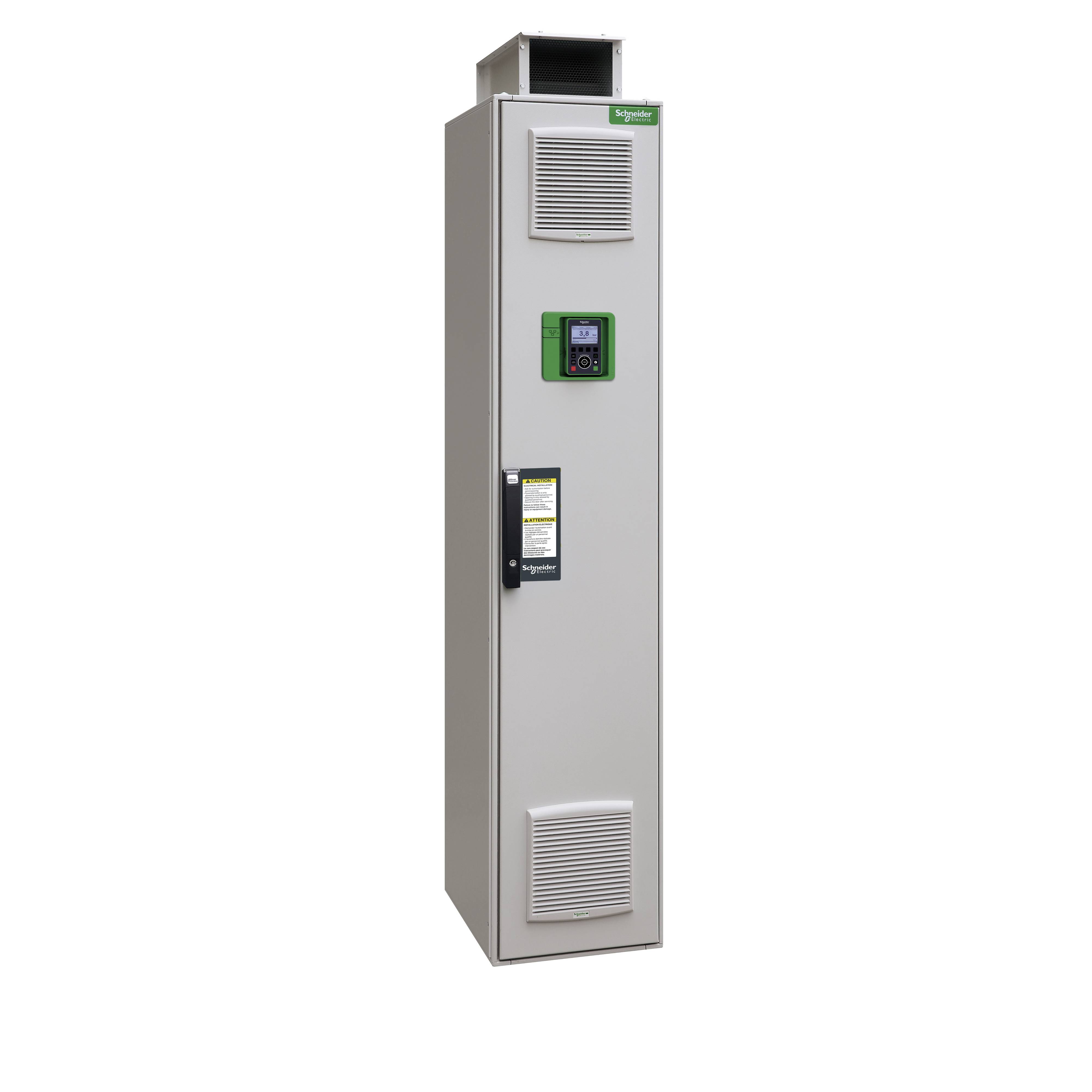 Ein elektrischer Schaltkasten von Schneider Electric mit Lüftungsgittern und einem digitalen Display.