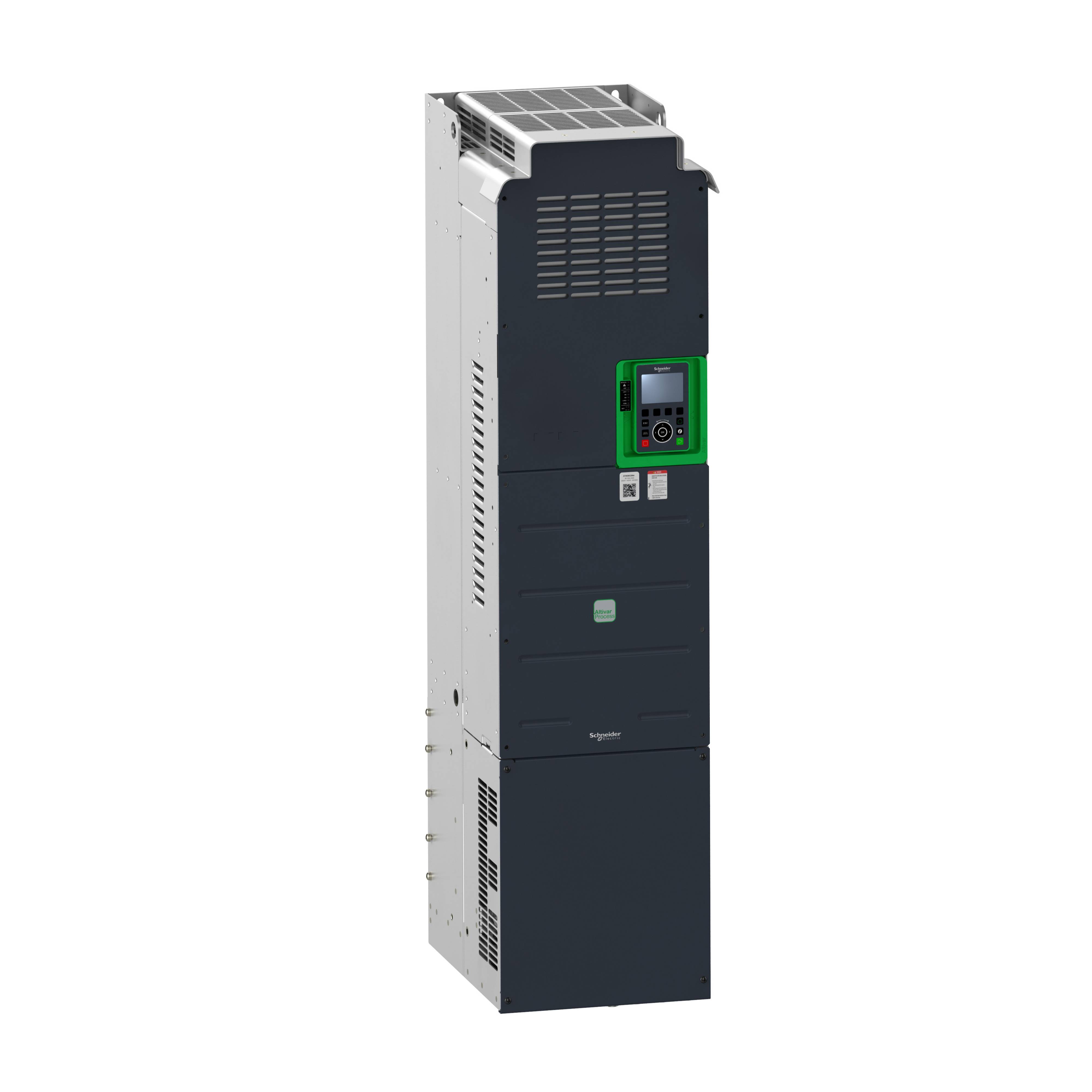 Ein hoher elektrischer Schaltschrank mit einem digitalisierten Bedienfeld, hauptsächlich in Schwarz und Grau, mit grünen Akzenten.
