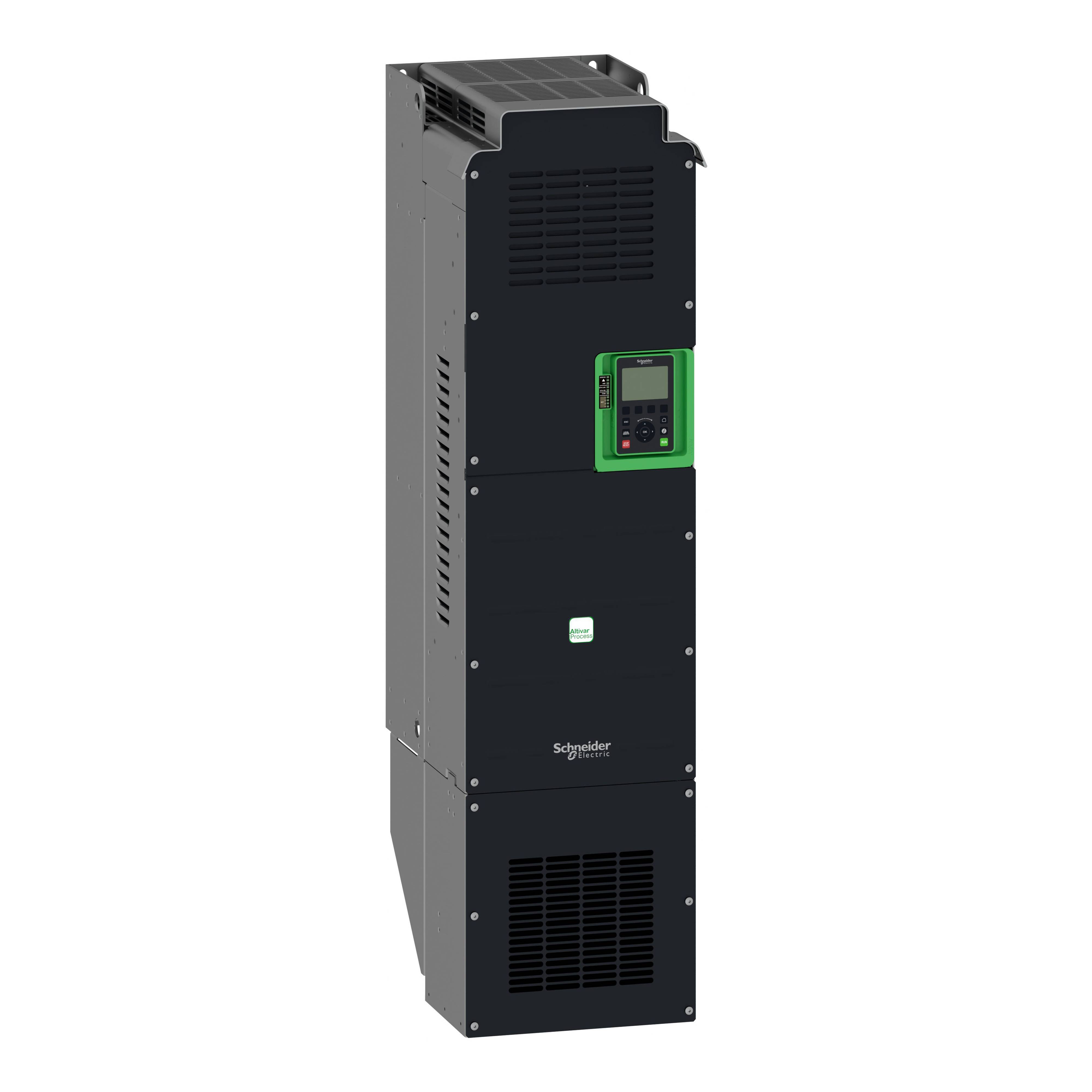 Ein schwarzer Schaltschrank mit digitaler Anzeige in der Mitte, umgeben von einem grünen Rand.