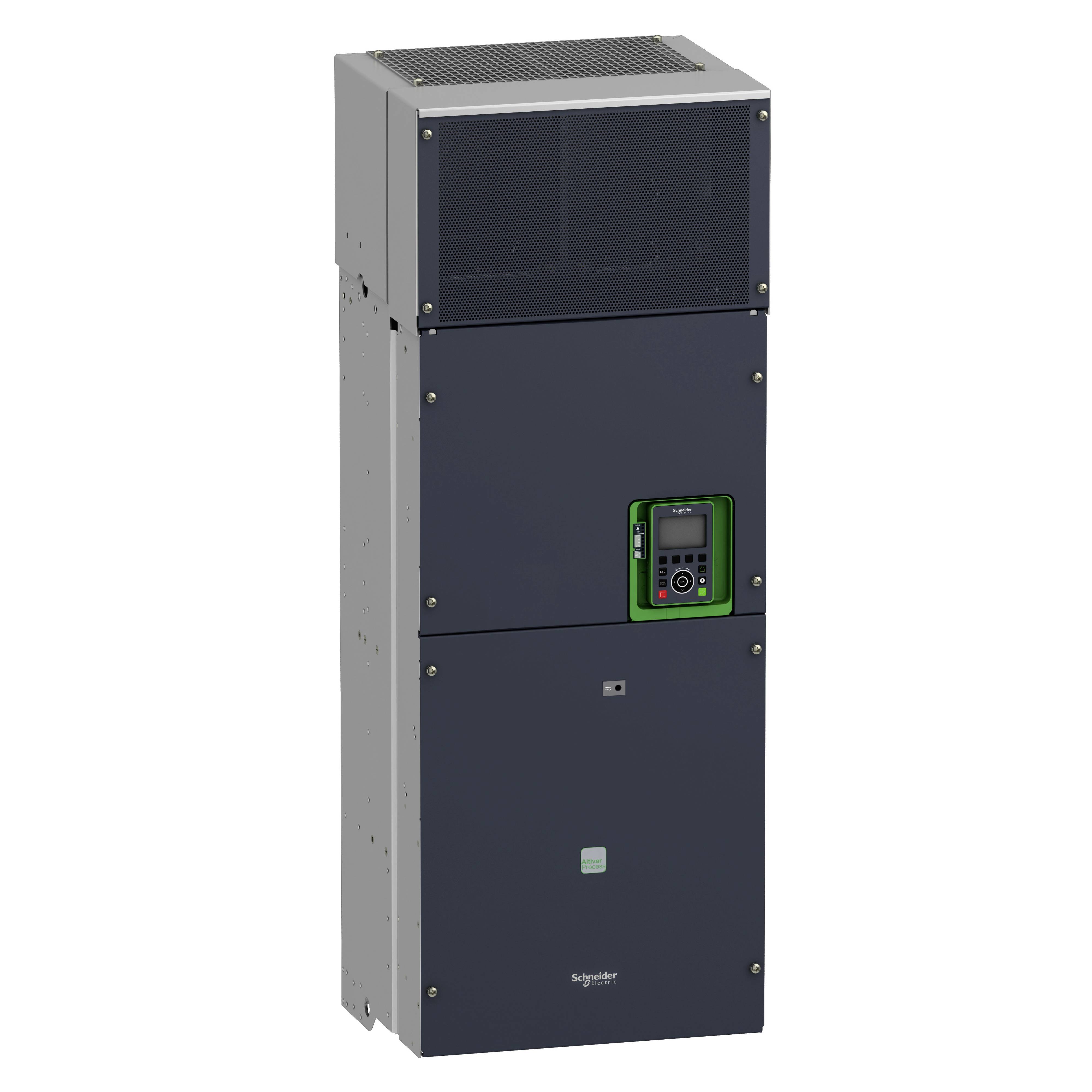 Ein Schaltgerät von Schneider Electric. Besteht aus zwei Hauptabschnitten: oben ein belüfteter Bereich, unten ein Bedienfeld mit digitaler Anzeige.