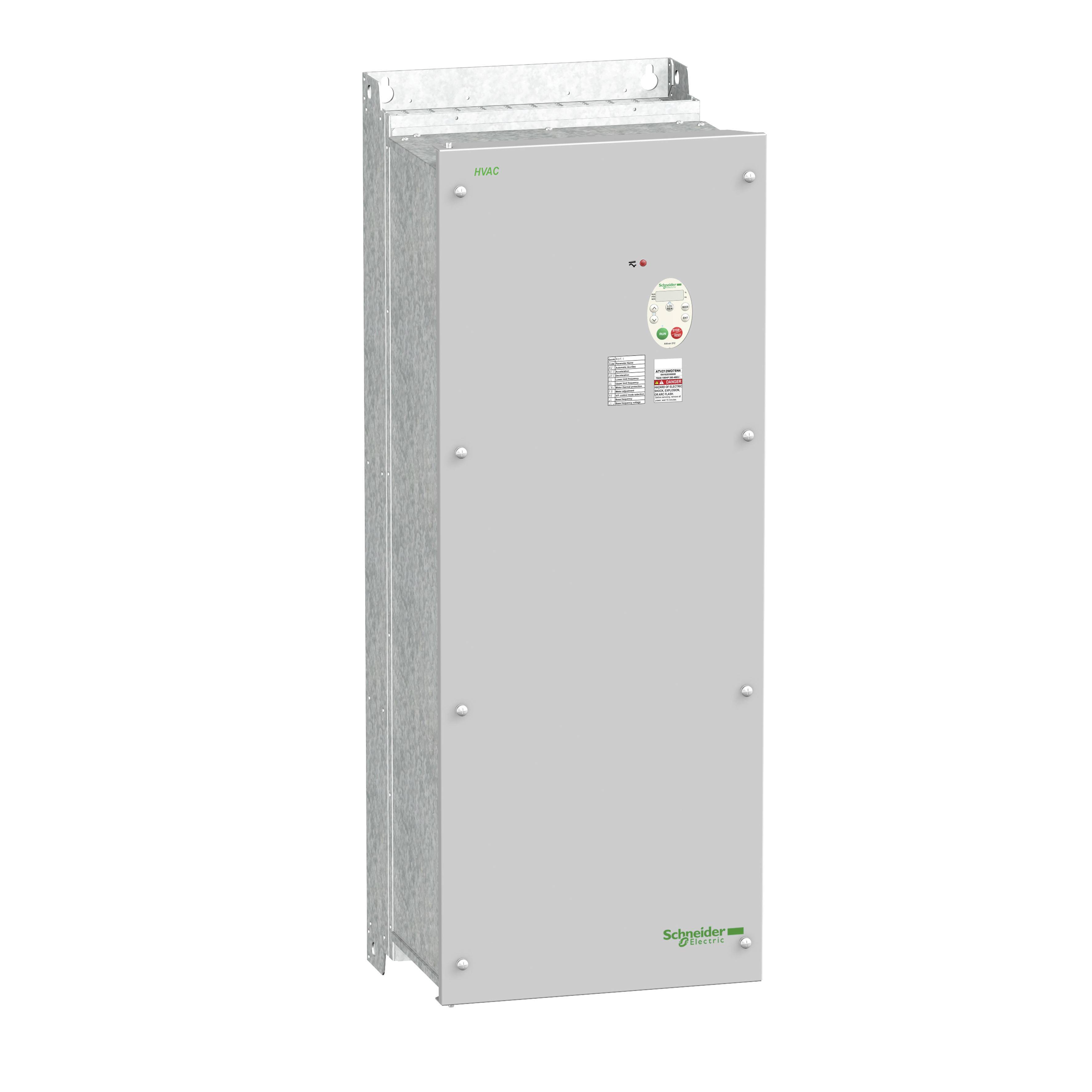 Grau Schaltschrank mit grüner 'Schneider Electric' Beschriftung. Enthält Bedientasten und ein digitales Display zur Steuerung.