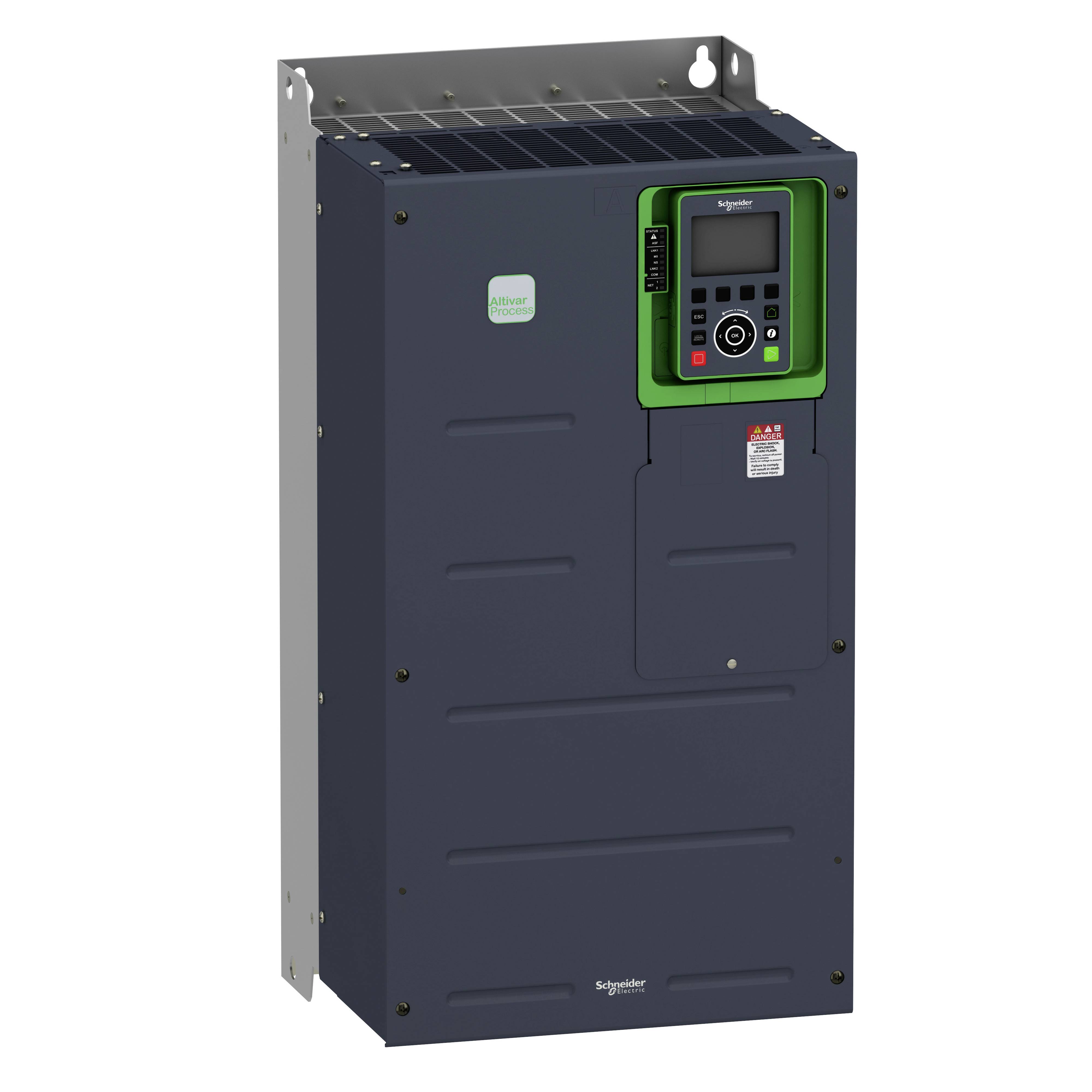 Ein Frequenzumrichter von Schneider Electric mit einem digitalen Display und Bedienelementen an der Vorderseite, zur Steuerung von Motoren.