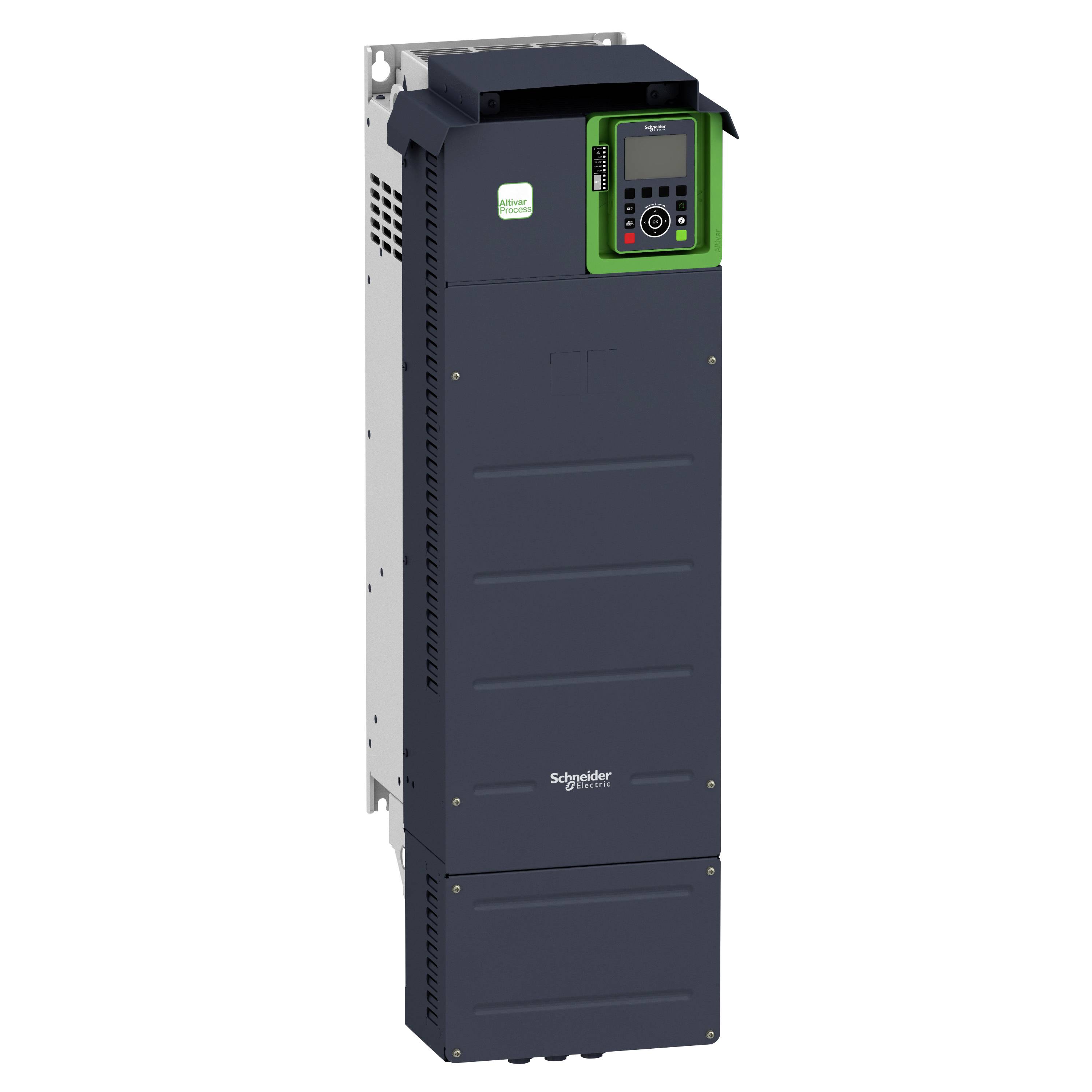 Ein schwarzer, rechteckiger Frequenzumrichter von Schneider Electric mit einem grünen digitalen Bedienfeld oben rechts.
