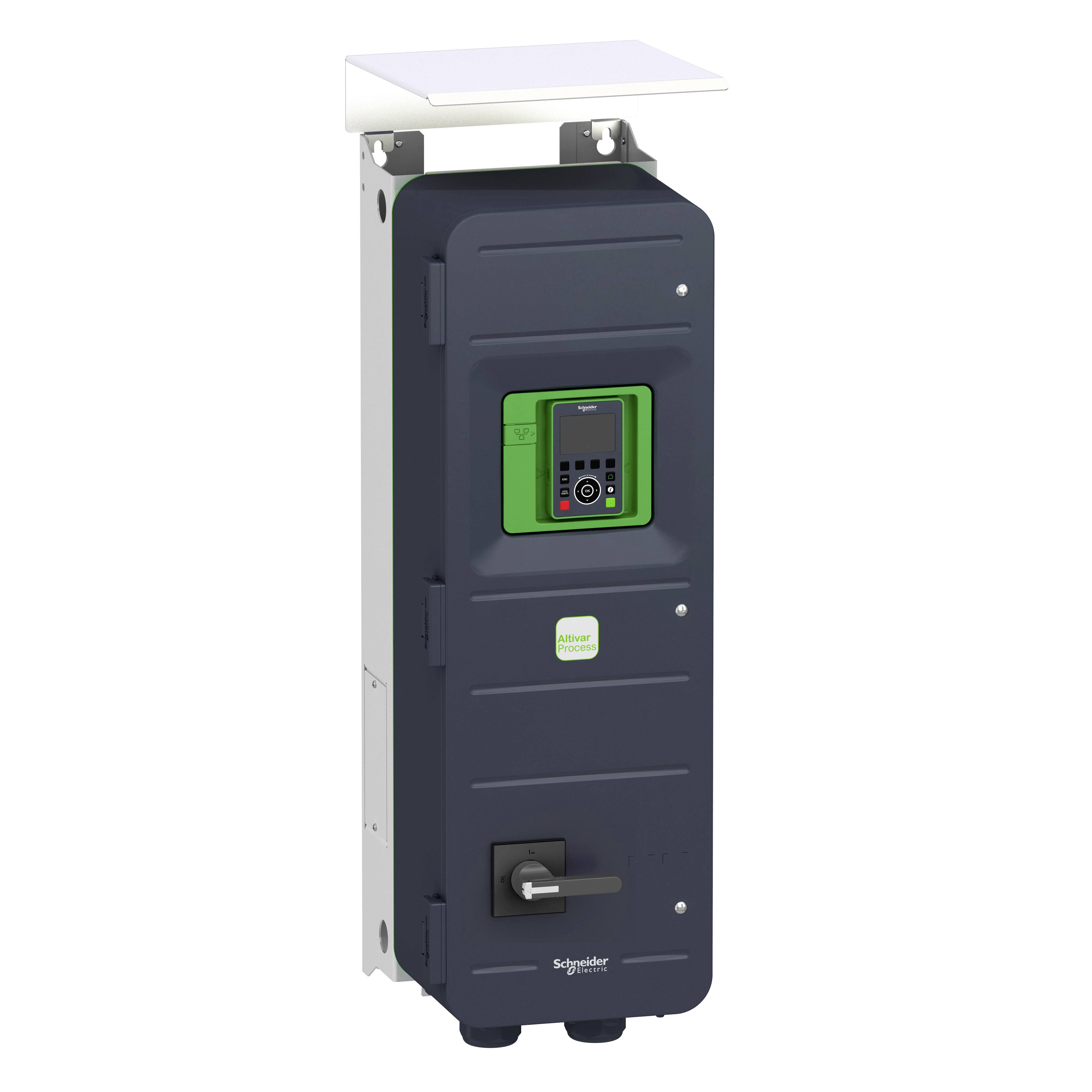 Ein elektrisches Schaltschrankgehäuse mit digitalem Display und grün umrahmtem Bildschirm, zur Kontrolle von Schaltkreisen.