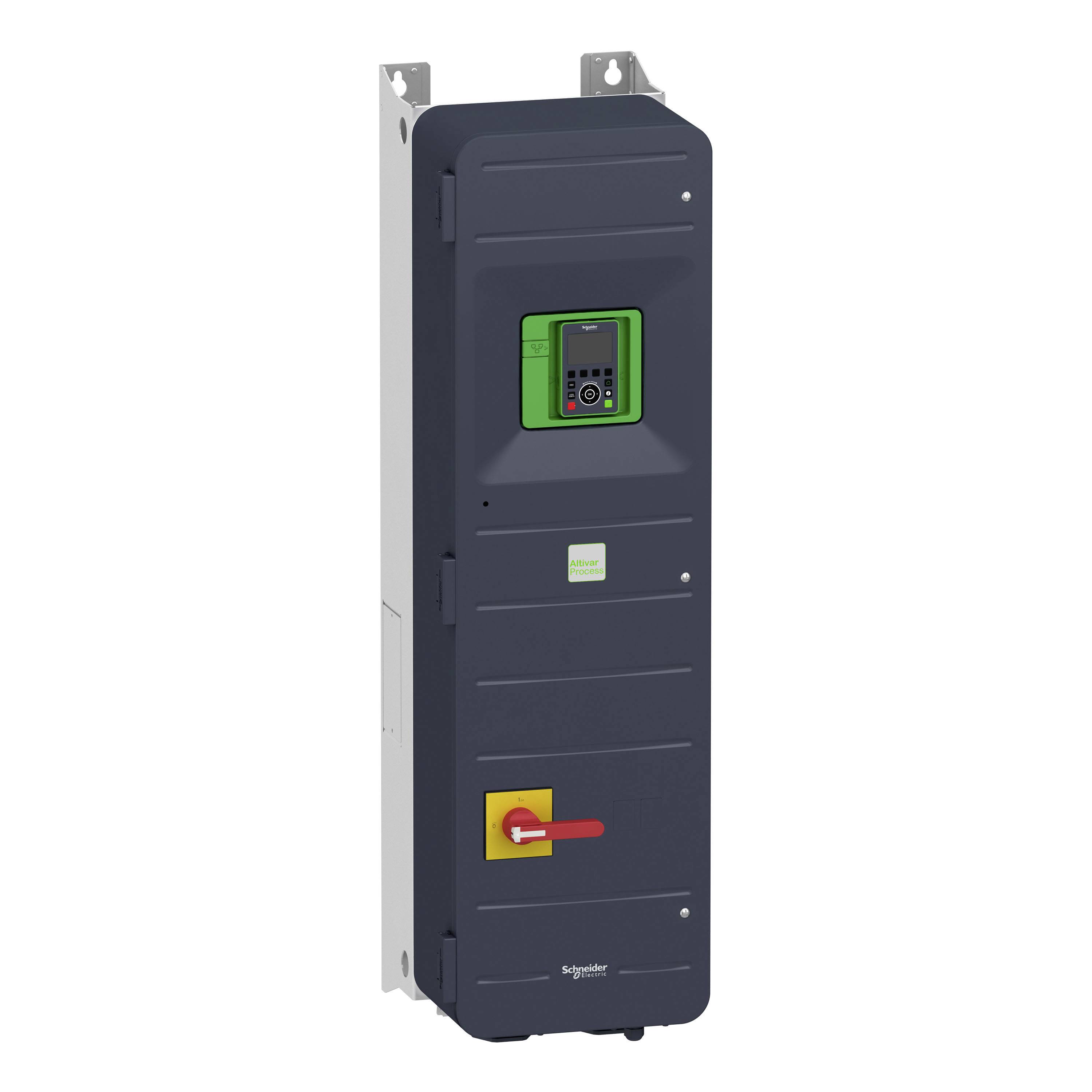 Ein schwarzer elektrischer Schaltkasten mit grünem Display und rotem Schalter. Entworfen für industrielle Umgebungen.