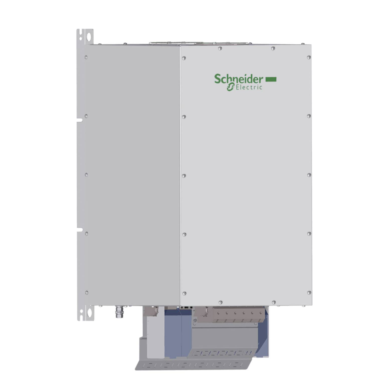 Eine elektrische Steuereinheit von Schneider Electric, montiert an einer Metallträgerplatte.
