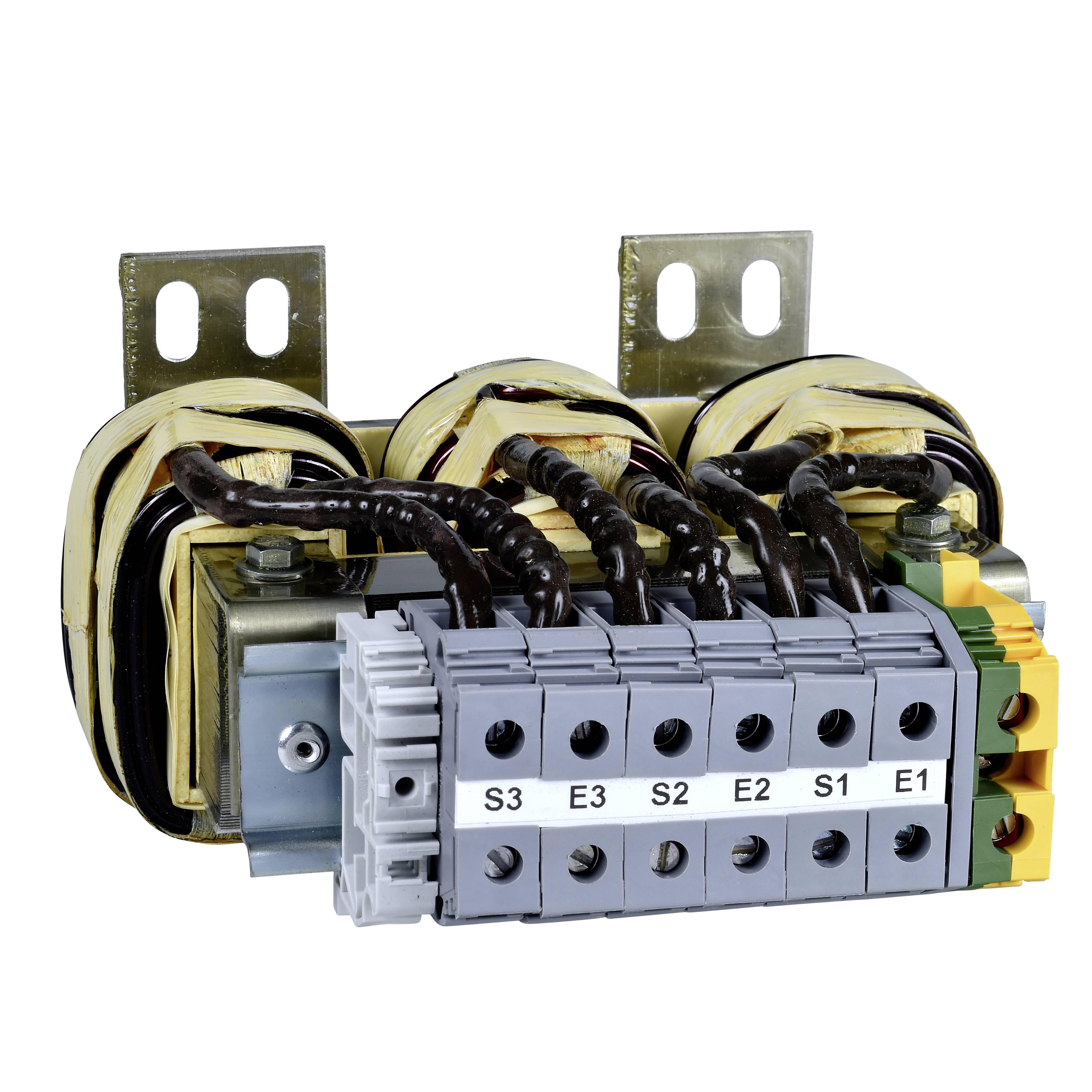 Ein elektrischer Transformator mit mehreren Kabelanschlüssen und Beschriftungen 'S3', 'E3', 'S2', 'E2', 'S1', 'E1'.