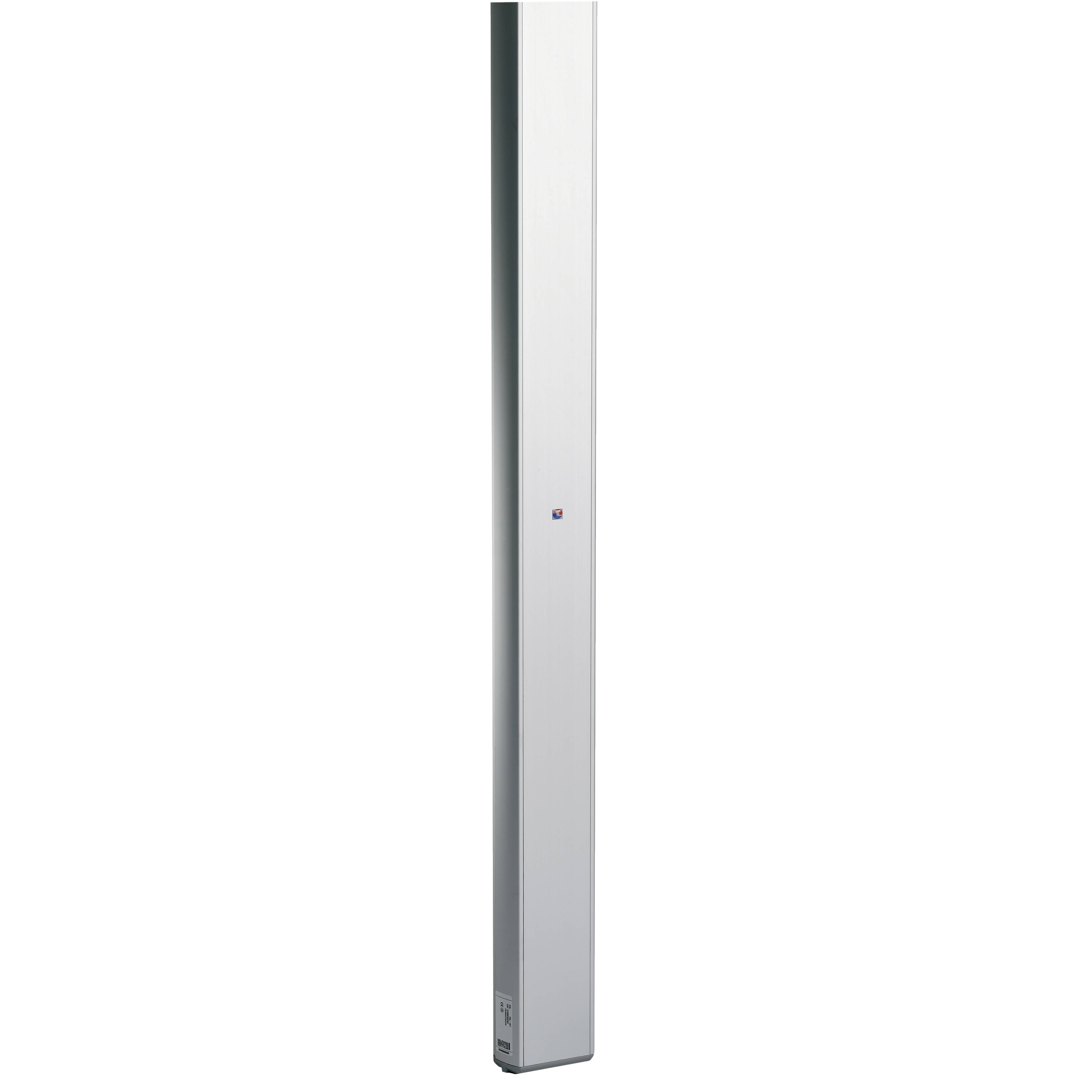 Ein metallisches vertikales Gerät, vermutlich ein Lautsprecher, steht aufrecht. Es hat ein schlichtes, modernes Design.
