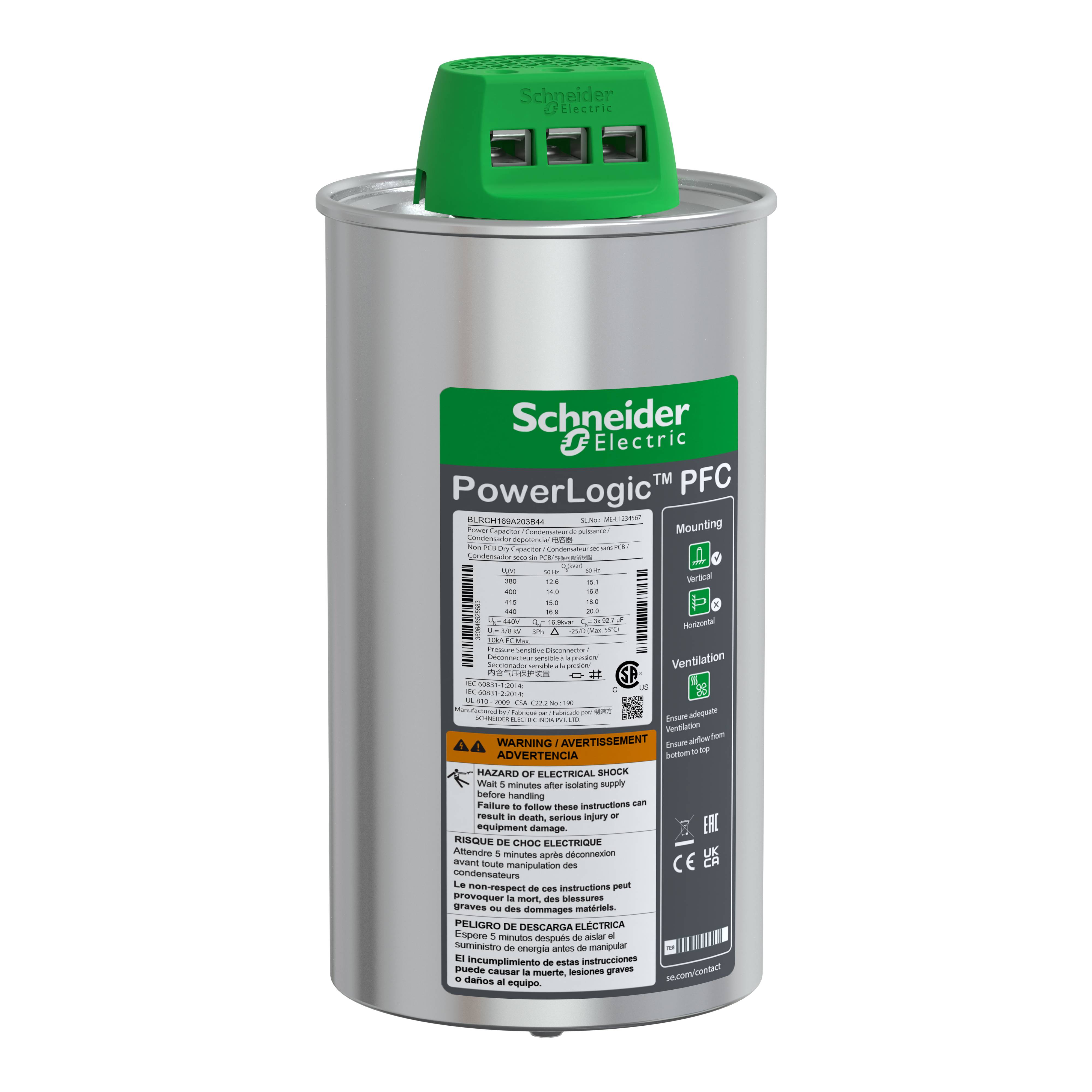 Kondensator-Modul mit grüner Kappe von Schneider Electric, Modell 'PowerLogic PFC'. Warnhinweise und technische Spezifikationen sind sichtbar.