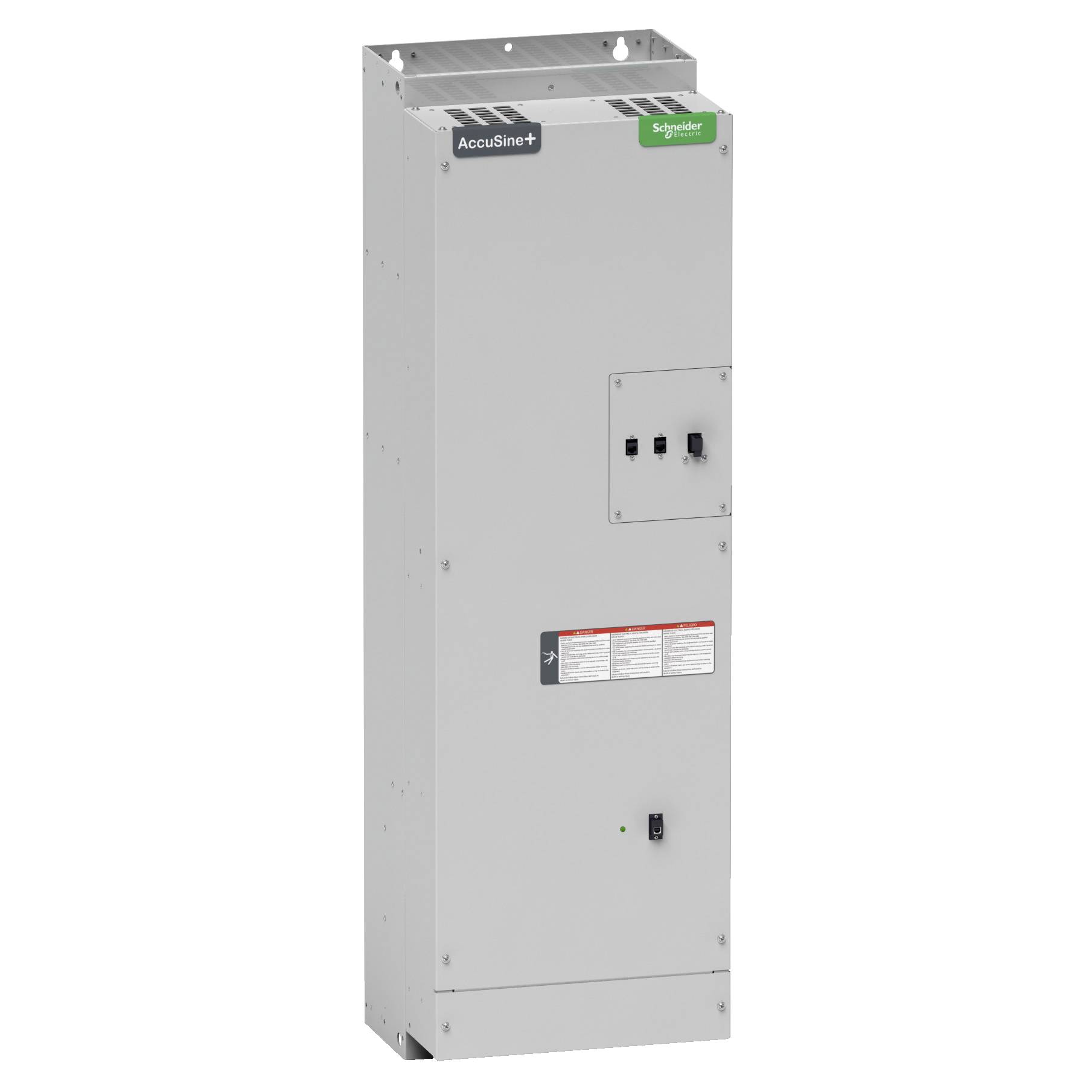Ein grauer Schaltschrank mit der Beschriftung 'AccuSine+'. Oben links und oben rechts befinden sich Logos. Hauptsächlich für elektrische Anwendungen.