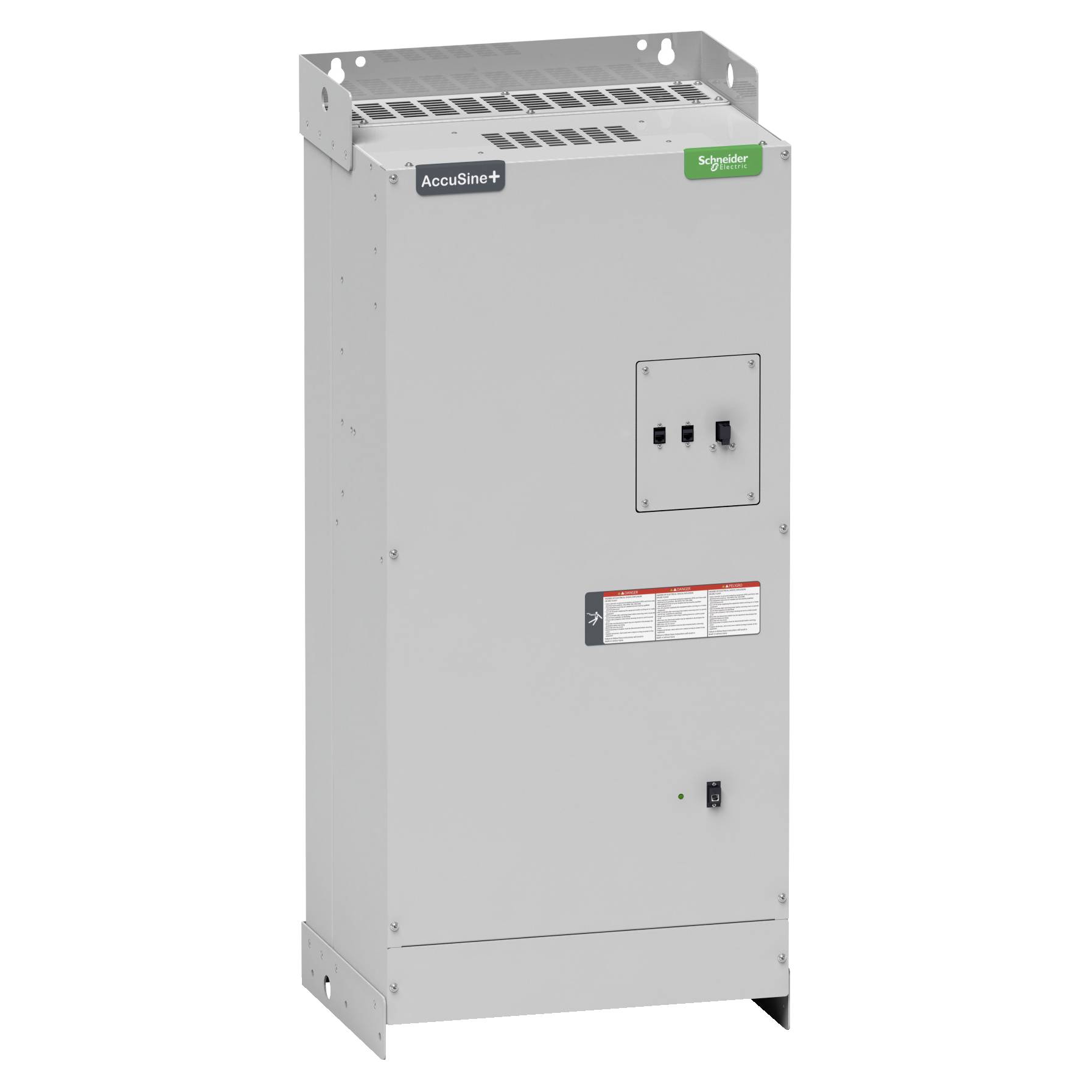 'Schneider Electric AcuSine+' Stromkompensationsgerät, rechteckig, grau, mit Lüftungsschlitzen und LED-Anzeige, zur Regelung elektrischer Flüsse.