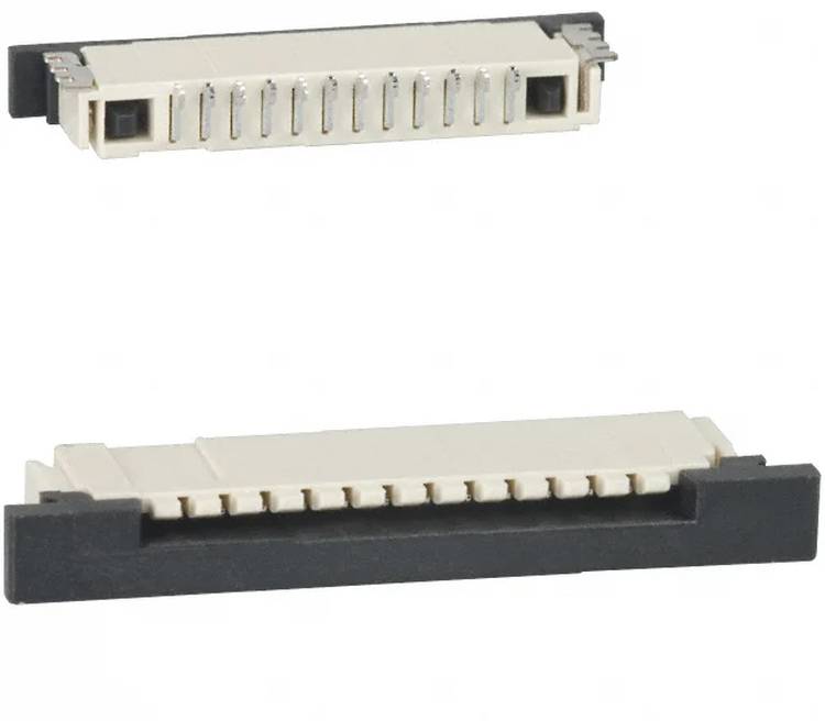 Zwei Mikro-Elektrosteckverbinder mit mehreren Stiften, horizontal angeordnet, vor einem einfachen Hintergrund.