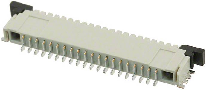 Ein weißer elektrischer Stecker mit mehreren Metallstiften und schwarzen Kunststoffseiten, der zum Verbinden elektronischer Komponenten verwendet wird.