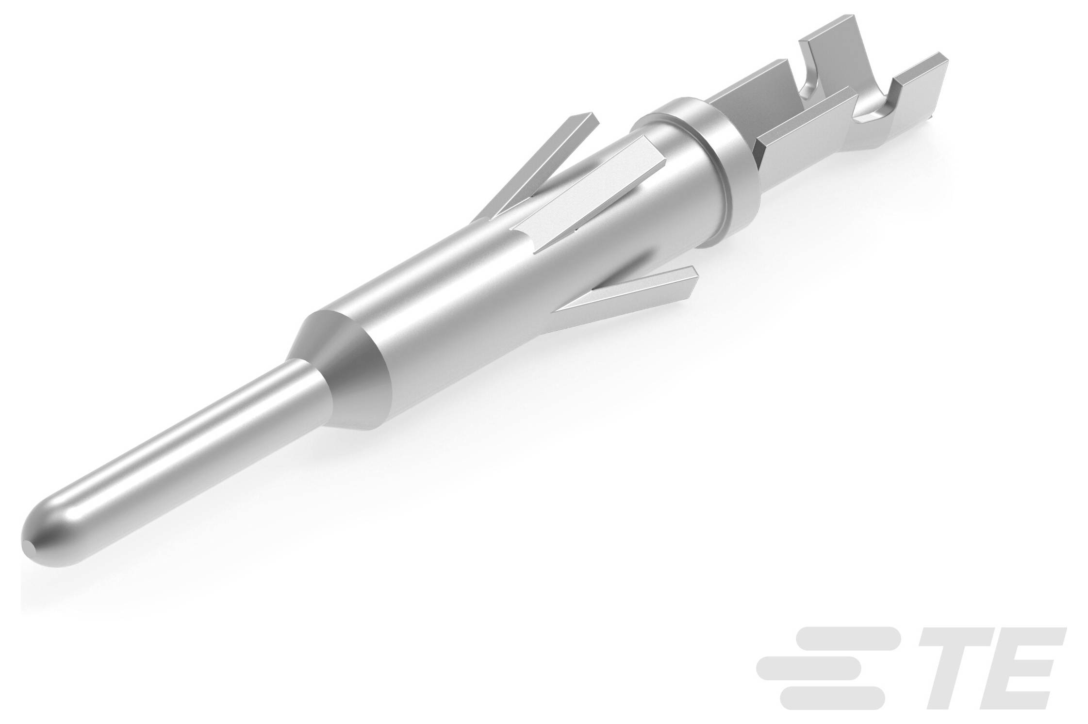Ein metallischer Stiftverbinder mit Widerhaken, entwickelt für elektrische Komponenten, dargestellt aus einer schräggewinkelten Perspektive.