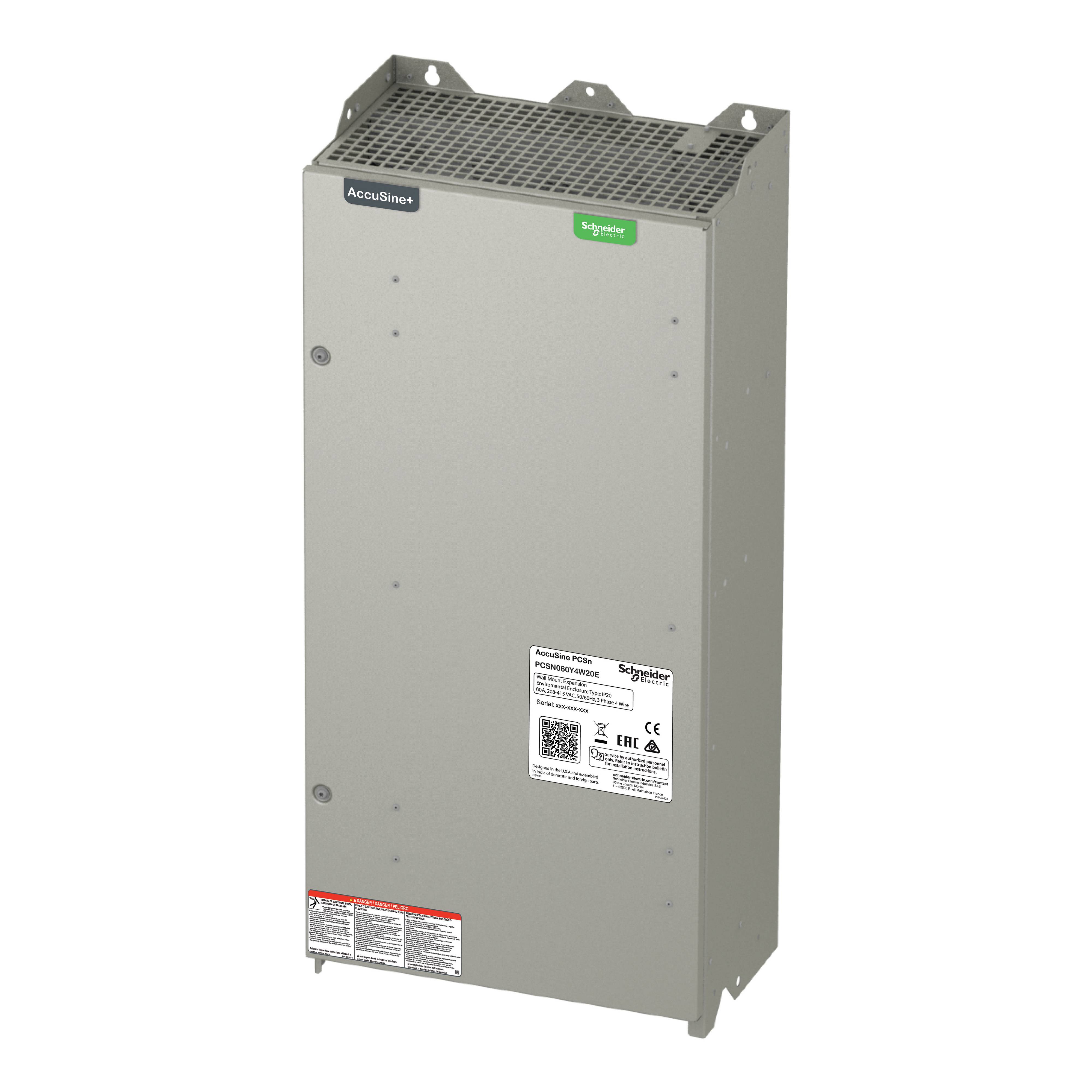 Stromzählerkasten von Schneider Electric, graues, rechteckiges Gehäuse mit verschiedenen Aufklebern und Betriebsanweisungen auf der Vorderseite.