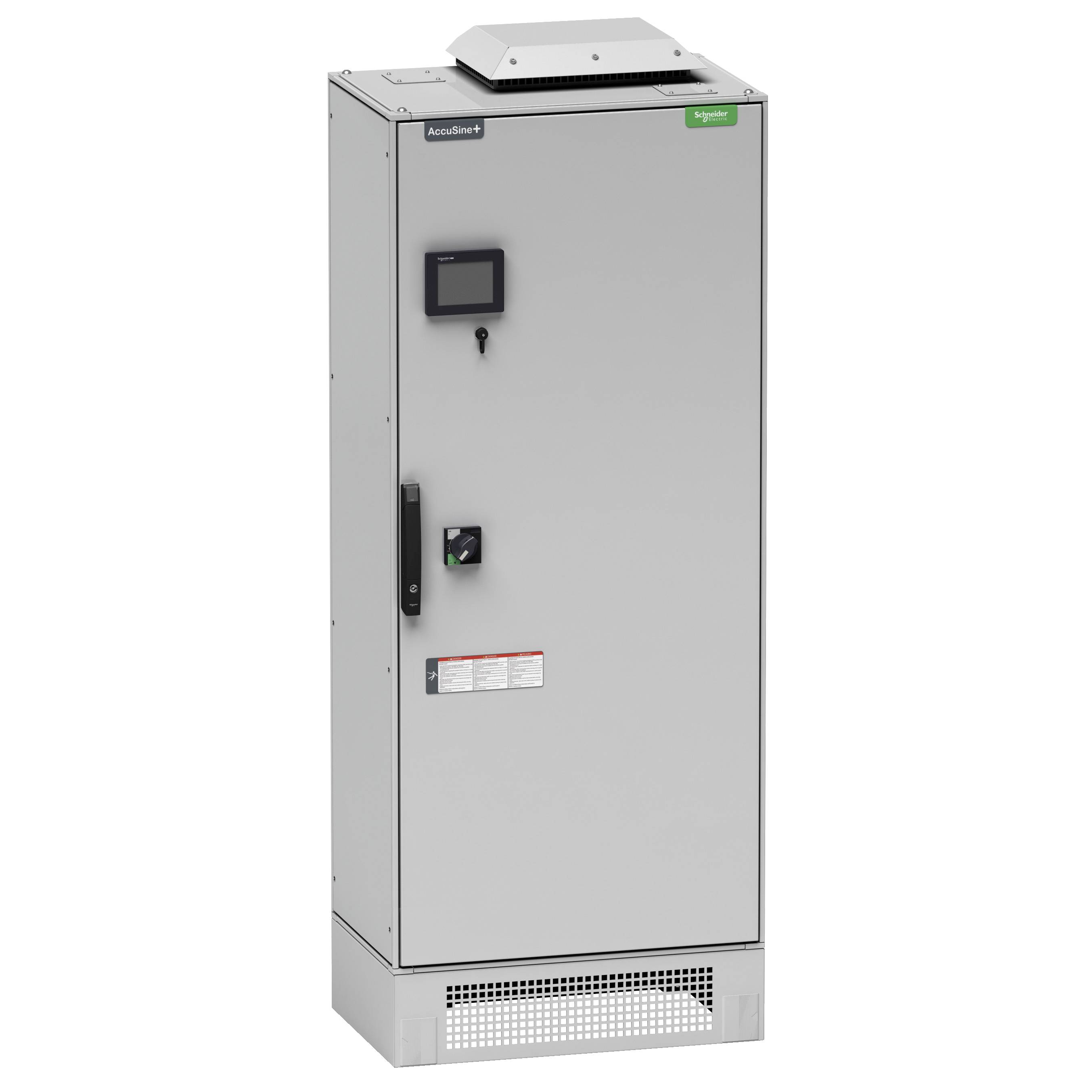 Ein grauer Schaltschrank mit Bildschirm und Lüftungsschlitzen von Schneider Electric, verwendet in industriellen Anwendungen.