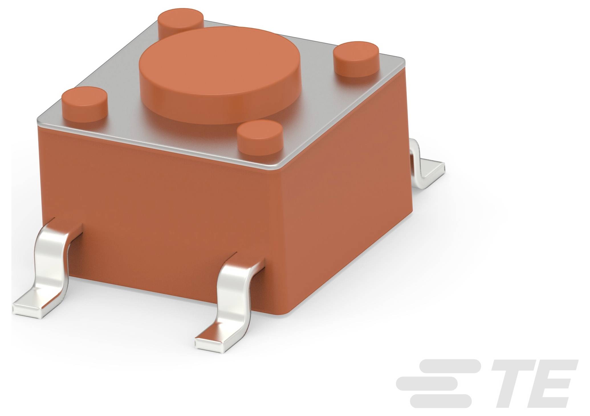 Ein kleiner, orangefarbener quadratischer Druckschalter mit vier Metallbeinen zur Montage auf einer Leiterplatte; TE-Logo in der unteren rechten Ecke.