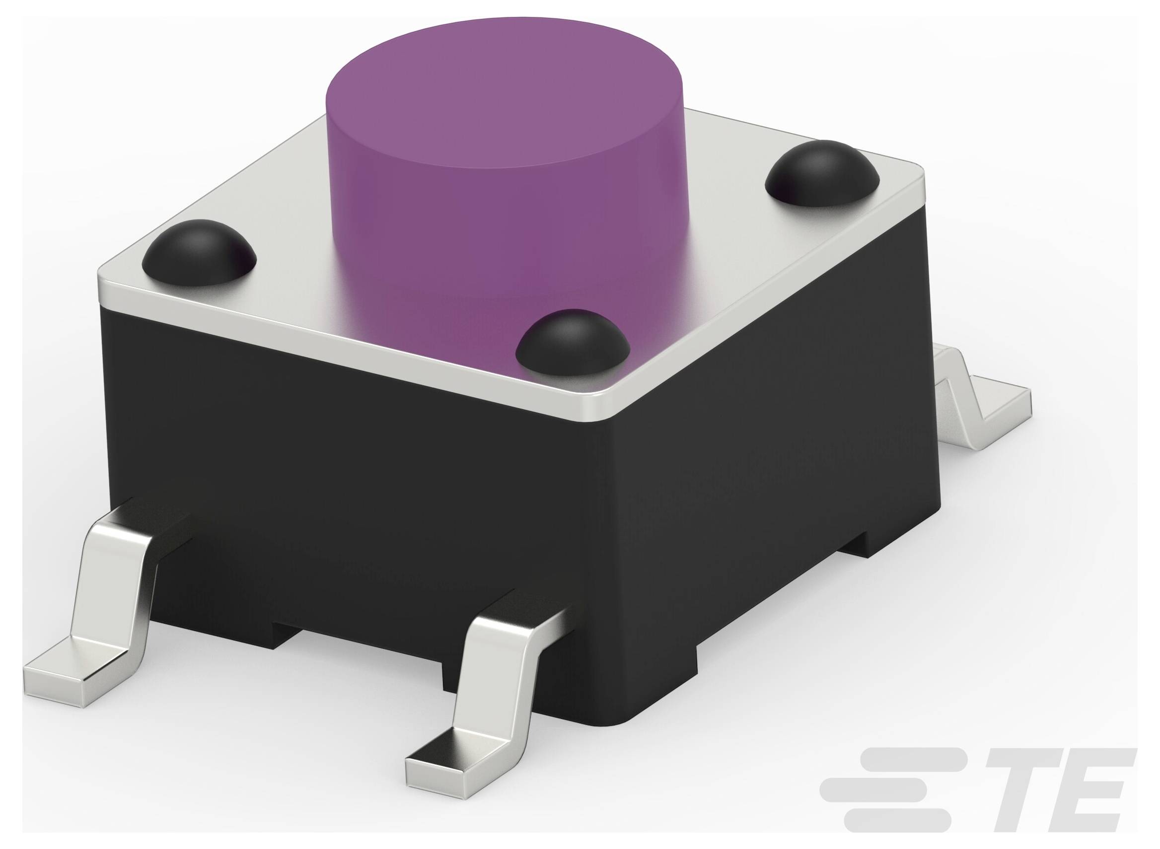 Oberflächenmontage-Druckknopfschalter mit violettem Betätigungselement, vier Befestigungslaschen und schwarzer Basis, mit TE-Logo in der Ecke gekennzeichnet.