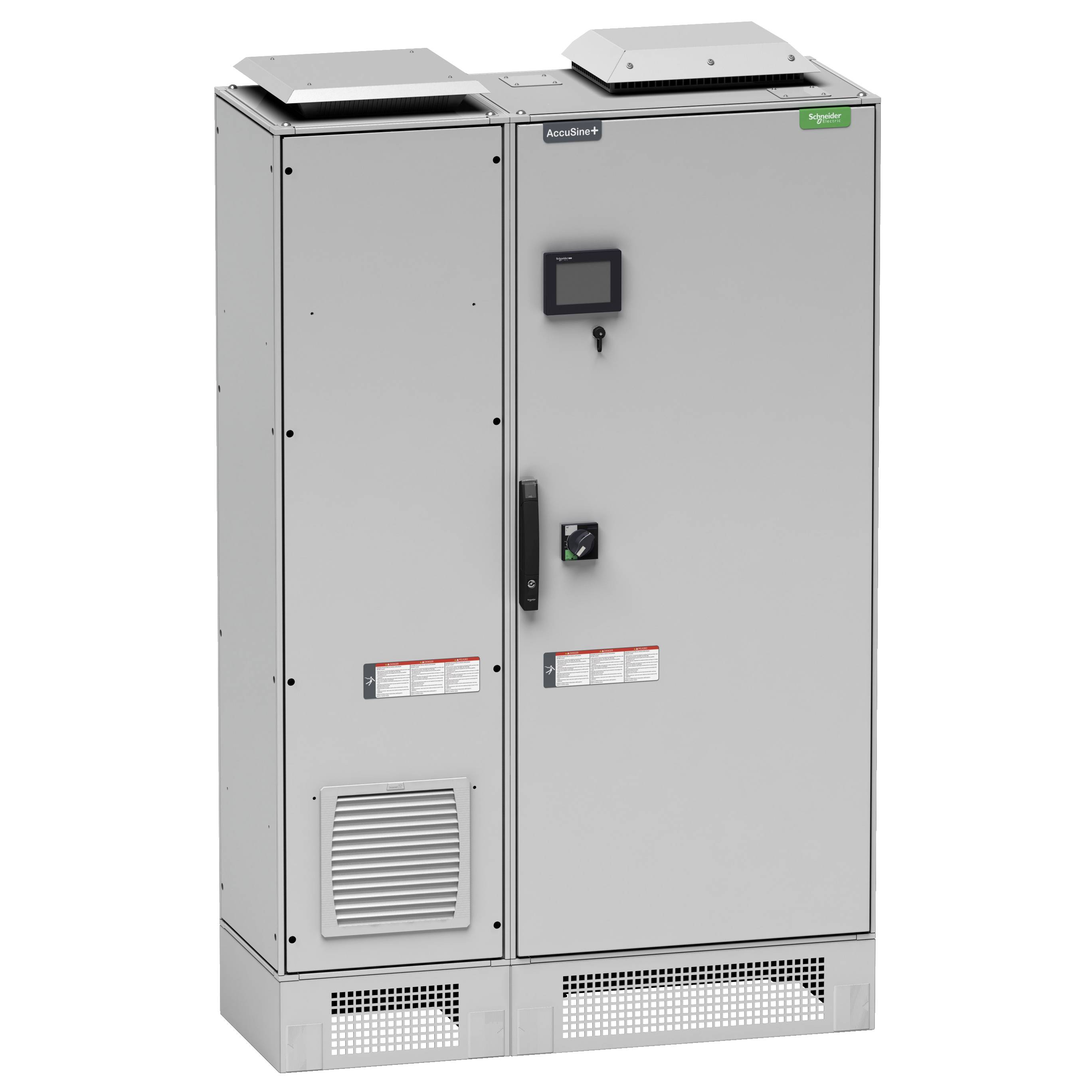 Ein grauer Schaltschrank mit Ventilatorgitter und Display auf der Vorderseite, Steuerschalter und Markenlogo oben rechts.