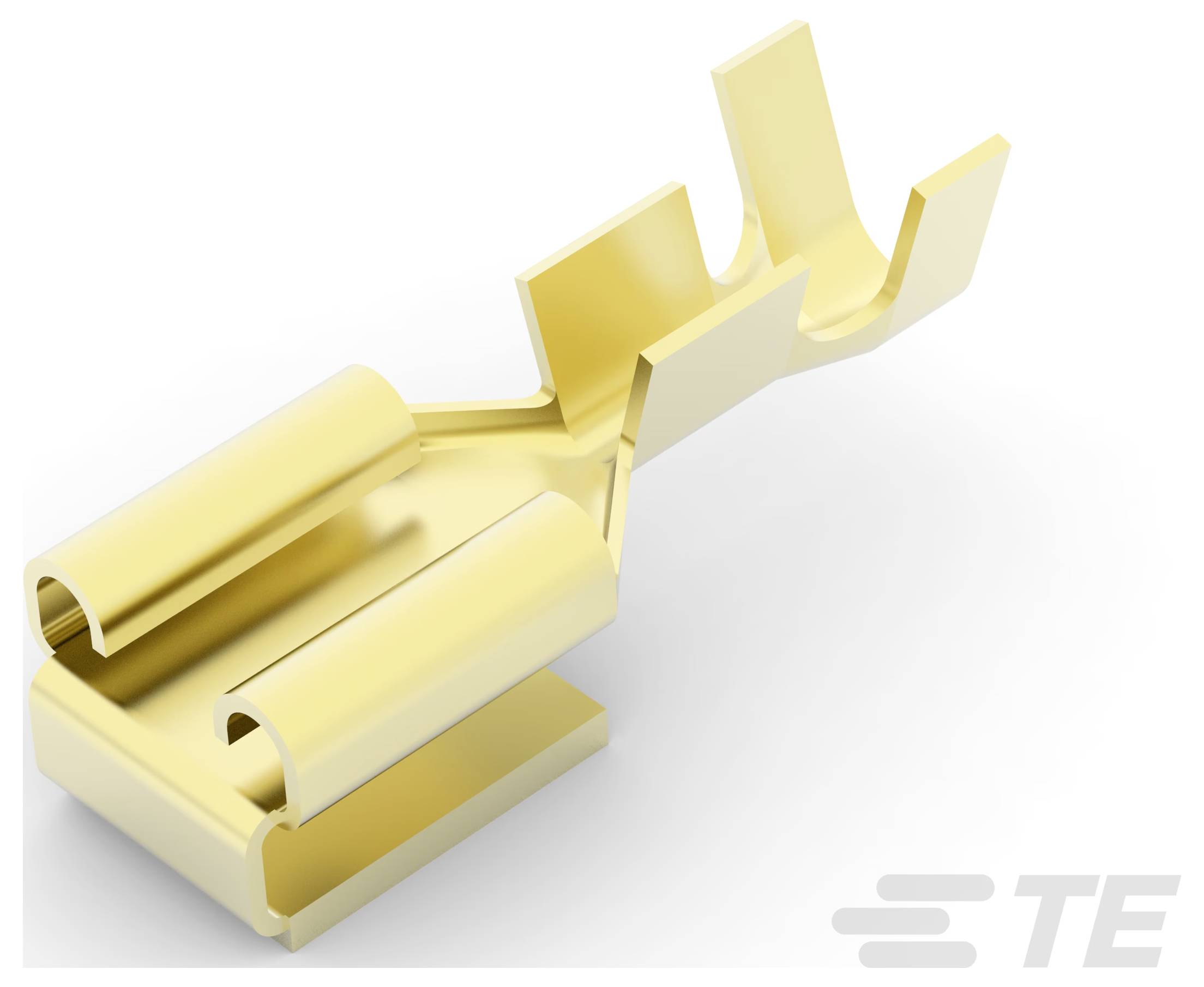 Ein goldfarben beschichteter Metallstecker mit gegabeltem Ende und flacher Grundfläche, der für elektrische Verbindungen verwendet wird. Das TE-Logo befindet sich in der Ecke.