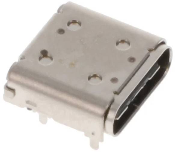 Eine Nahaufnahme eines USB-Type-C-Anschlussports, die das Metallgehäuse und die Kontaktstifte zeigt, die zum Verbinden von Geräten verwendet werden.