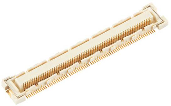 Ein langer, beiger FPC/FFC-Stecker mit zahlreichen Kontaktstiften, die in einer Reihe angeordnet sind, wird zum Verbinden von flexiblen Leiterplatten mit Leiterplatten verwendet.