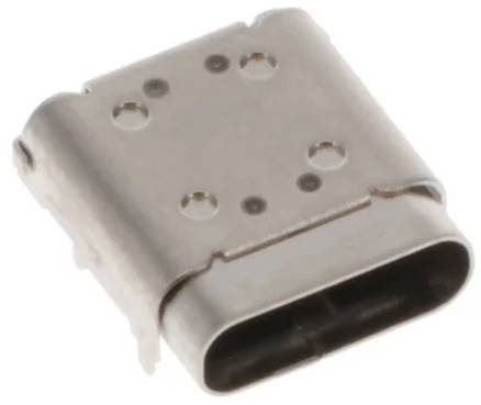 Ein USB-Typ-C-Anschluss, silberfarben und rechteckig, mit einem symmetrischen Design, das sich für Daten- und Stromverbindungen eignet.