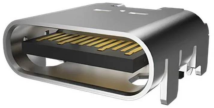 Ein Nahaufnahmebild eines USB-C-Anschlusses mit seiner ovalen Form und den internen vergoldeten Kontaktstiften, die zum Laden und zur Datenübertragung verwendet werden.