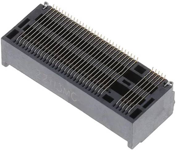 Ein 3D-Modell eines elektronischen Steckers mit zahlreichen parallel angeordneten Stiften, die auf einer rechteckigen Basis positioniert sind.