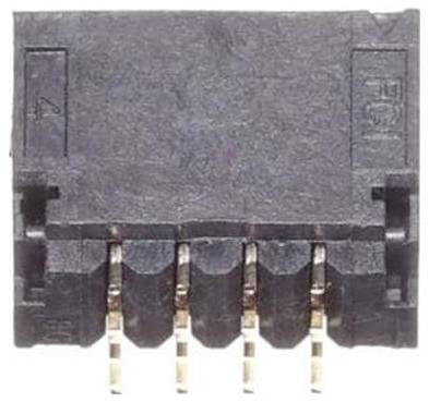 Ein Nahaufnahme einer schwarzen Fünf-Pin-Elektrosteckverbindung mit goldenen Stiften, die für elektronische Verbindungen verwendet wird.
