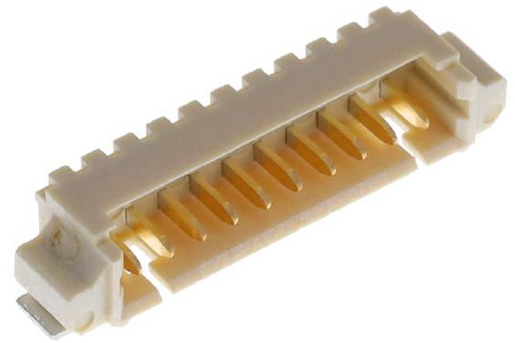 Eine Nahaufnahme eines schwarzen elektrischen Steckers mit 20 goldenen Pins, der für elektronische Geräte verwendet wird.