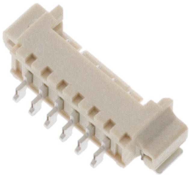 Ein beiger Kunststoffstecker mit mehreren Metallkontakten, der zur Befestigung auf einer Leiterplatte konzipiert ist.
