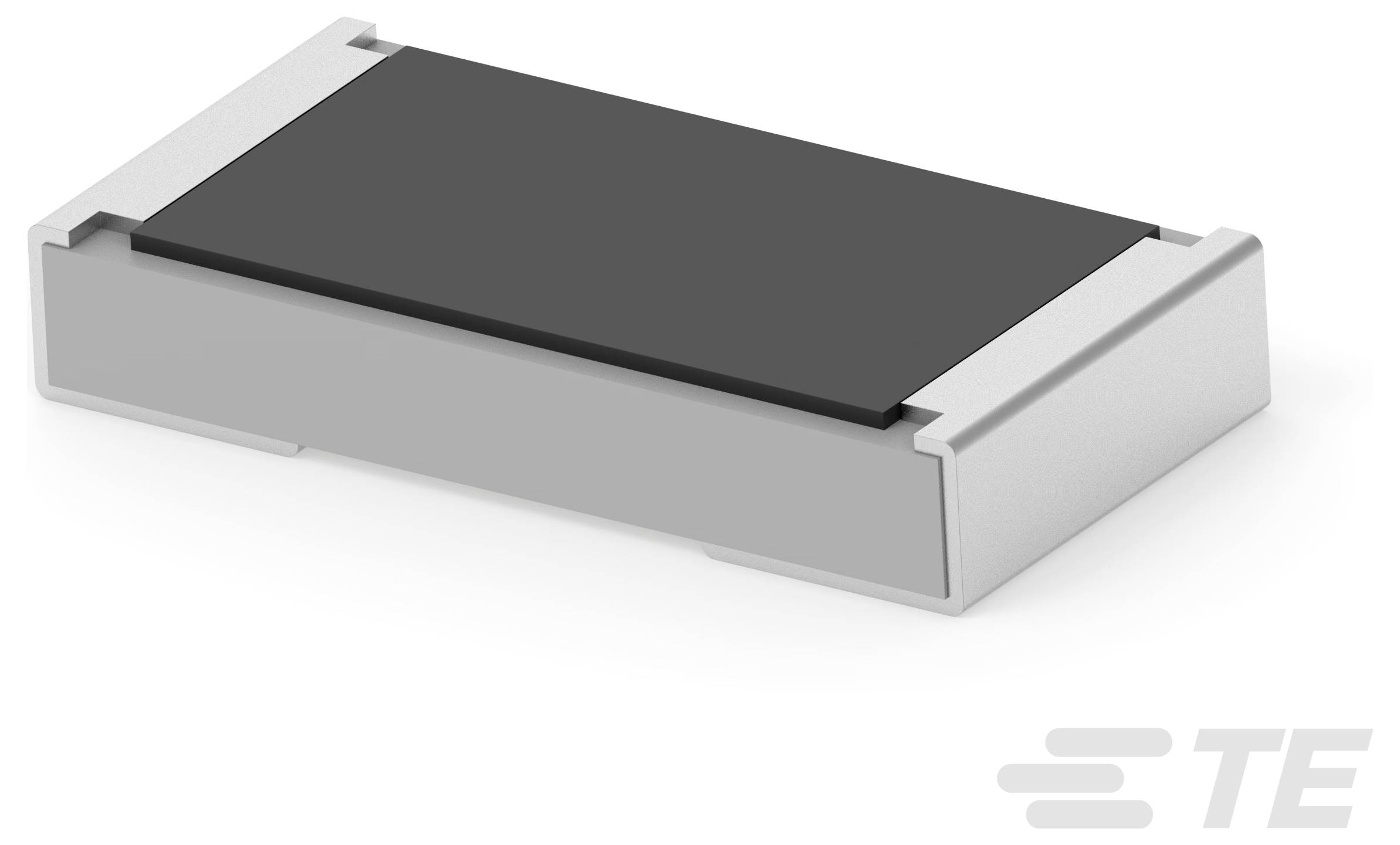 Ein rechteckiger elektronischer Bauteile mit einer schwarzen Oberfläche und metallischen Seitenflächen. TE-Logo in der unteren rechten Ecke.