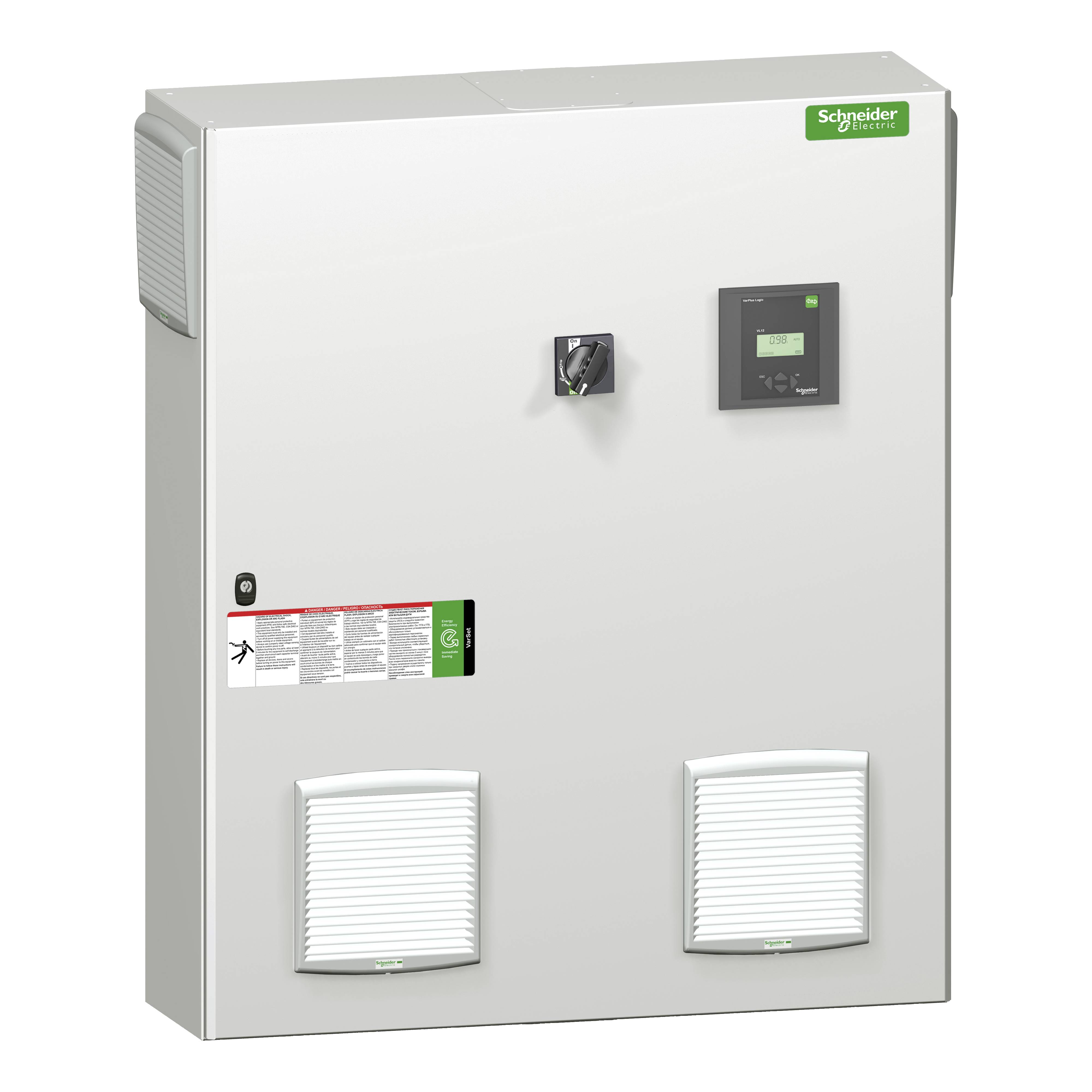 Ein silberner Schaltschrank mit zwei Belüftungsgittern und digitalen Anzeigen auf der Vorderseite, oben das Logo von Schneider Electric.