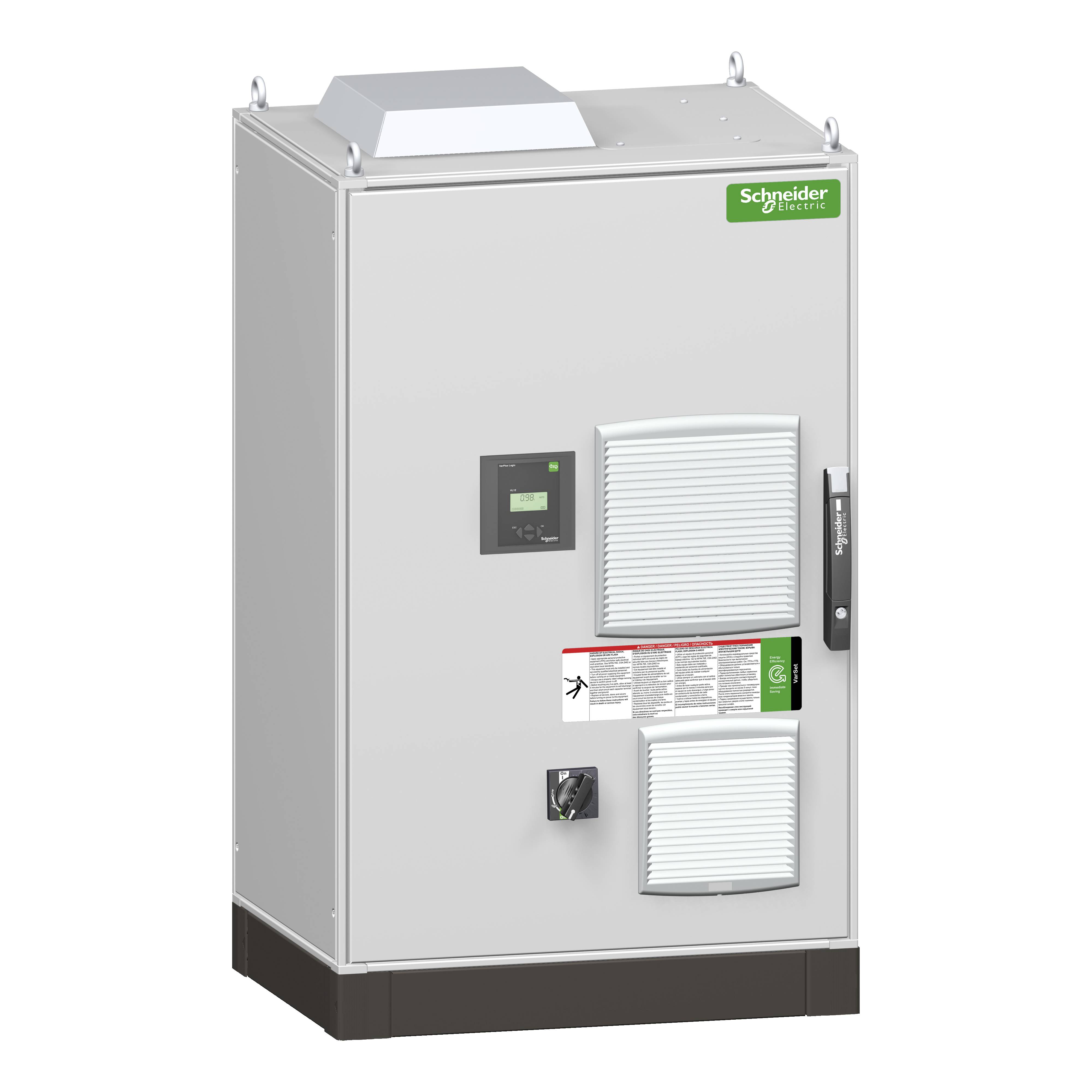 Ein großer grauer Schaltschrank mit zwei Belüftungsschlitzen, einem Steuerbildschirm und einem grünen Schneider Electric Logo.