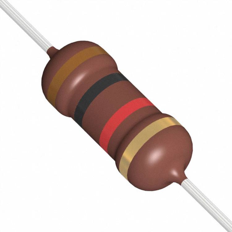 Ein brauner Widerstand mit Farbringen zur Widerstandsidentifikation: braun, schwarz, rot, gold, was 1k Ohm mit 5% Toleranz anzeigt.