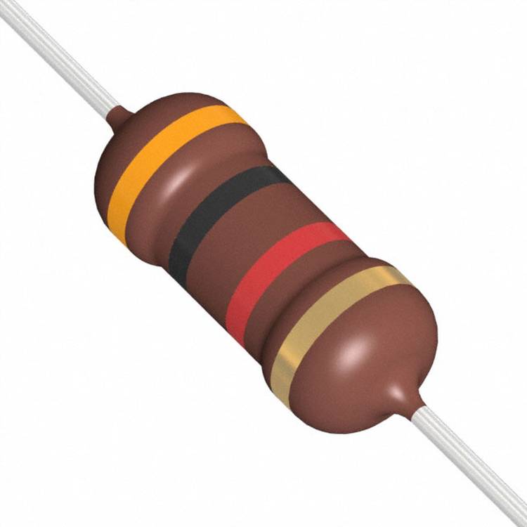 Ein brauner zylindrischer Widerstand mit Farbringen: braun, schwarz, rot und gold, die den Widerstandswert und die Toleranz angeben.