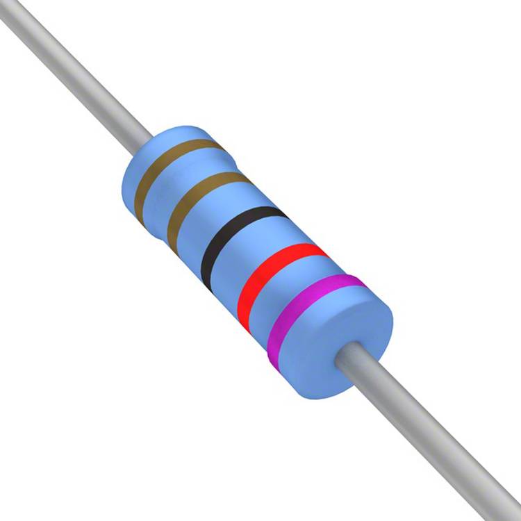 Ein blauer zylindrischer Widerstand mit farbigen Ringen: braun, schwarz, schwarz, rot und gold. Der Widerstand ist Teil eines elektrischen Schaltkreises.