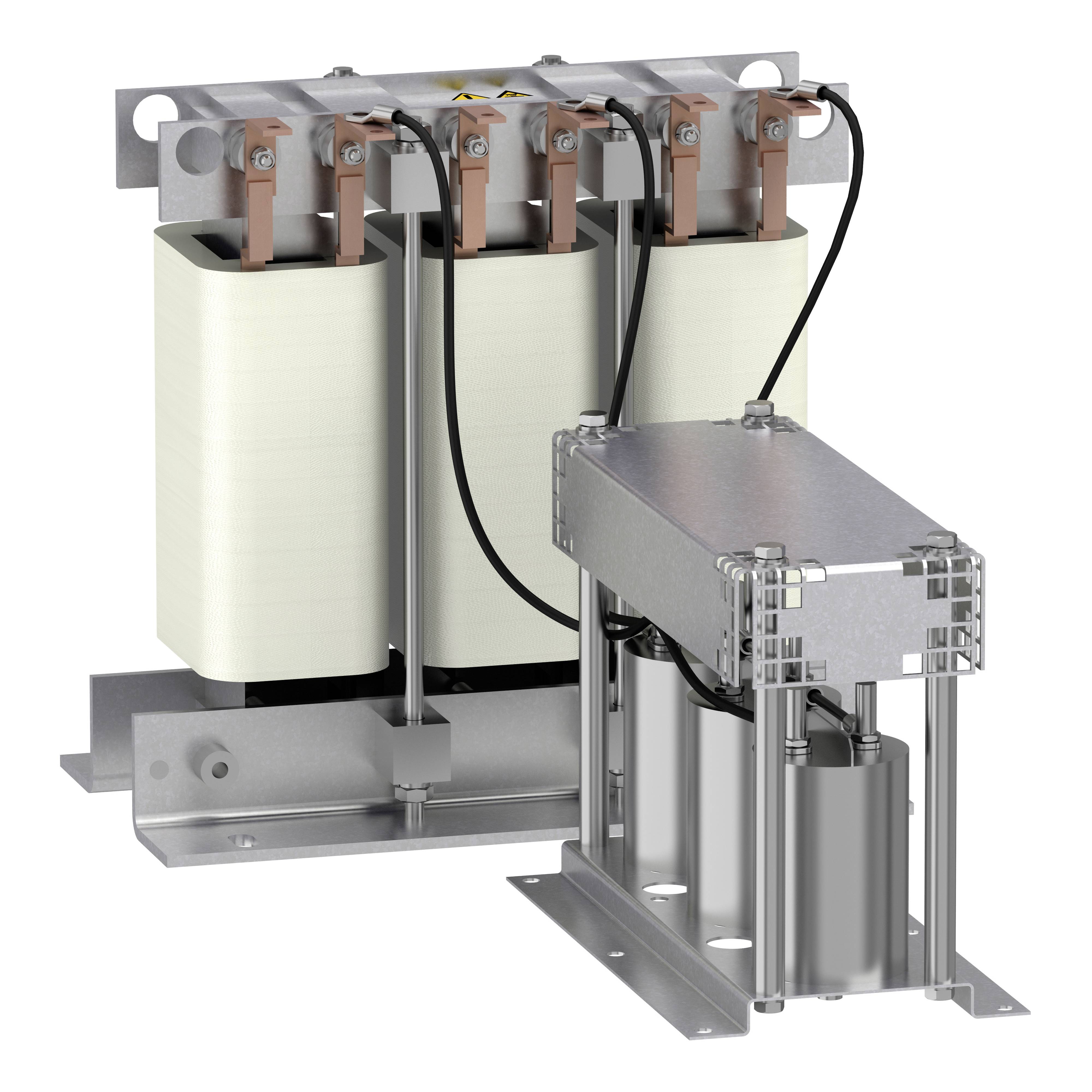 Ein dreiphasiger Drossel, montiert auf einer Metallplatte, mit Kupferanschlüssen und schwarzer Verkabelung. Geeignet für elektrische Anwendungen.