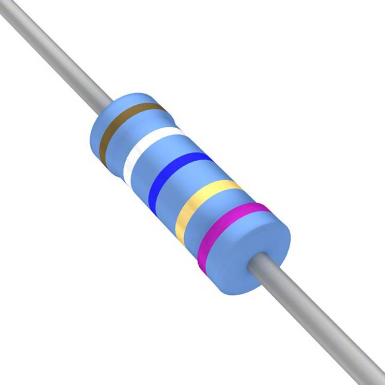 Ein blauer Widerstand mit Farbringen: braun, schwarz, weiß, gelb, rosa und blau gibt seinen Widerstandswert und seine Toleranz an.