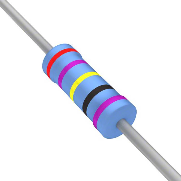 Ein zylindrischer Widerstand mit farbigen Bändern: rot, violett, gelb, blau, die seinen elektrischen Widerstandswert angeben.
