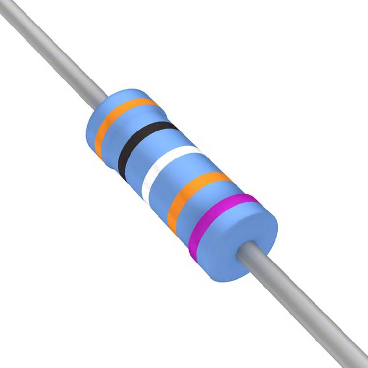 Ein Widerstand mit Farbringen: Blau, Orange, Schwarz, Weiß, Orange, Blau. Wird in elektronischen Schaltkreisen verwendet, um den Stromfluss zu begrenzen.
