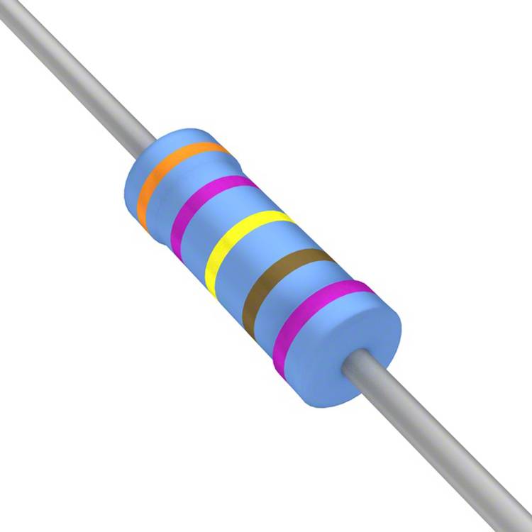 Ein zylindrischer Widerstand mit farbigen Bändern: blau, grau, gold, braun und schwarz, die Widerstands- und Toleranzwerte angeben.