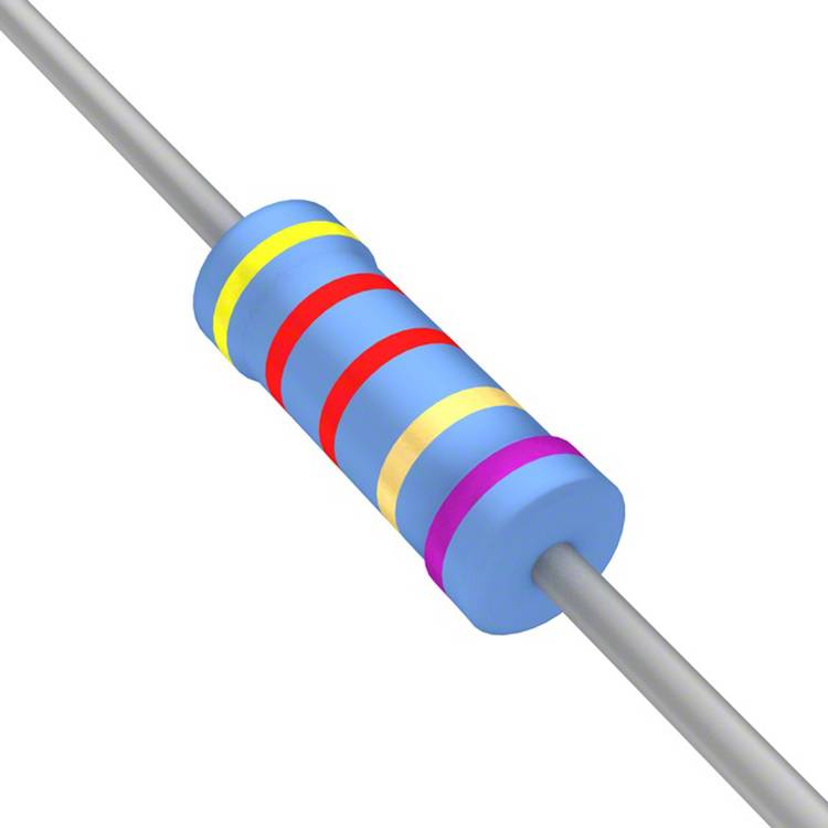 Ein blauer zylindrischer Widerstand mit Farbringen: gelb, violett, rot und gold, die seinen Widerstandswert und die Toleranz angeben.